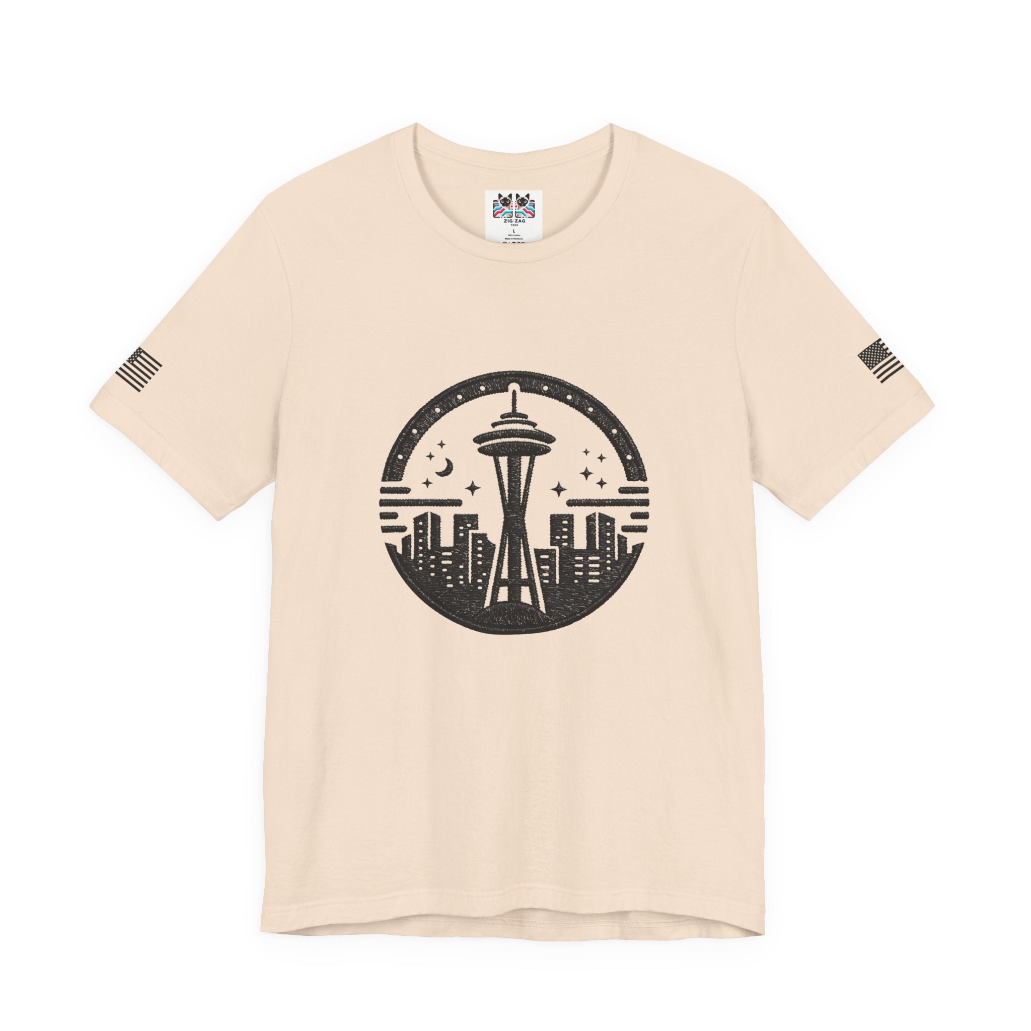Seattle Space Needle Night Sky Circle Emblem Graphic T-Shirt | Seattle Souvenir Tee | Emerald City Emblem Shirt