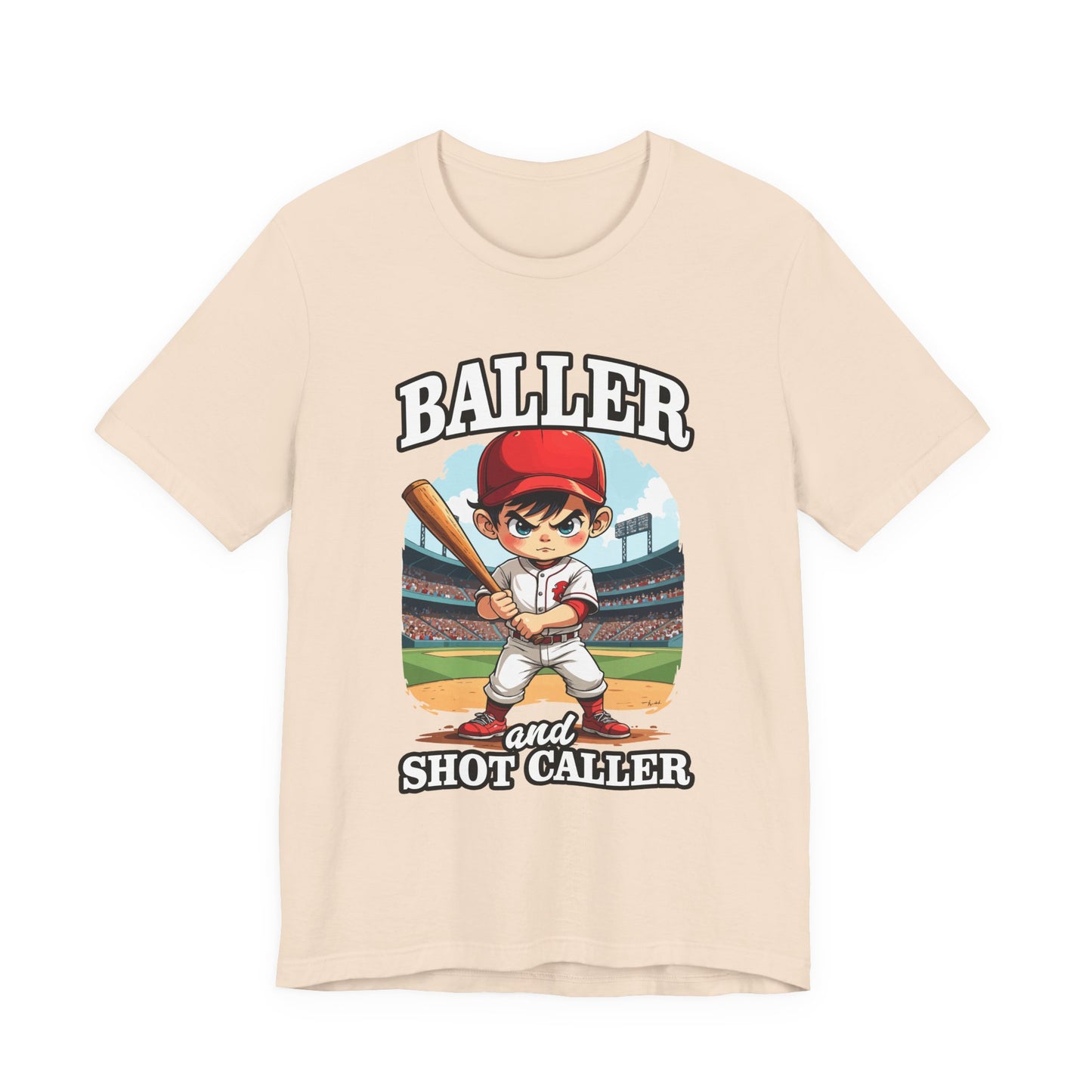 Baller And Short Caller Tshirt young baseball player standing confidently on the pitch