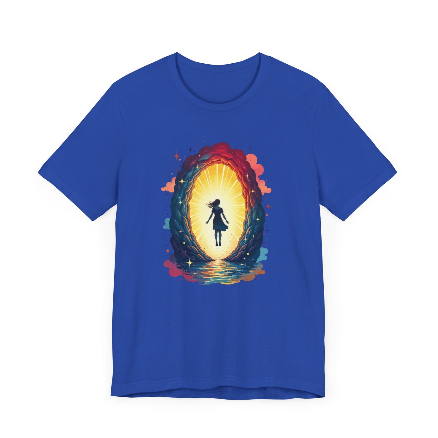 Interdimensional Chill – Floating Woman in Cosmic Portal Graphic T-Shirt