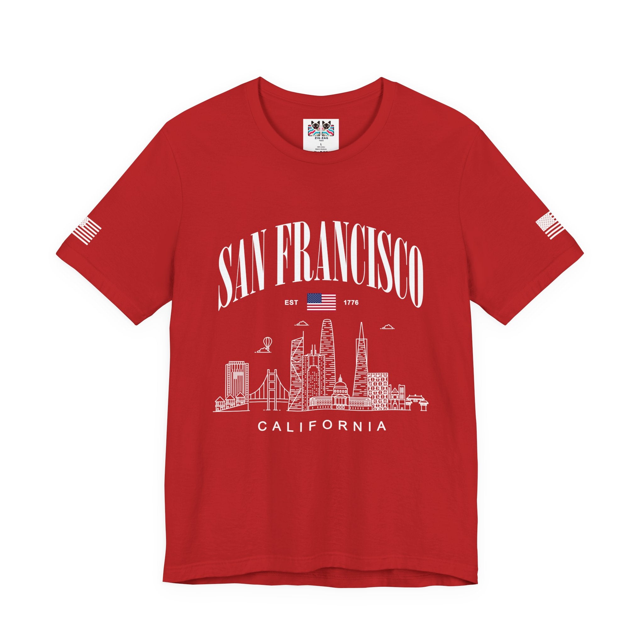 San Francisco California T-Shirt, EST 1776 Arch Skyline Tee, Bay Area Patriotic Shirt, SF Souvenir Gift, Unisex USA Flag Sleeve Shirt