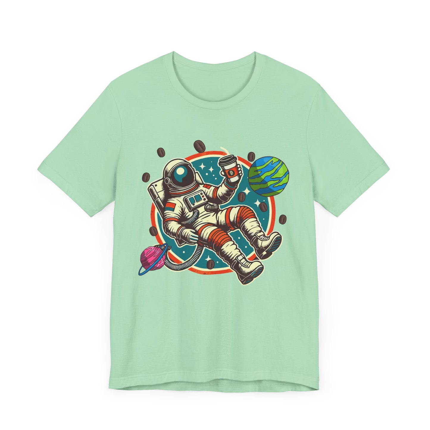 Space Coffee Break | Astronaut Floating with Coffee Cup & Planets Graphic T-Shirt