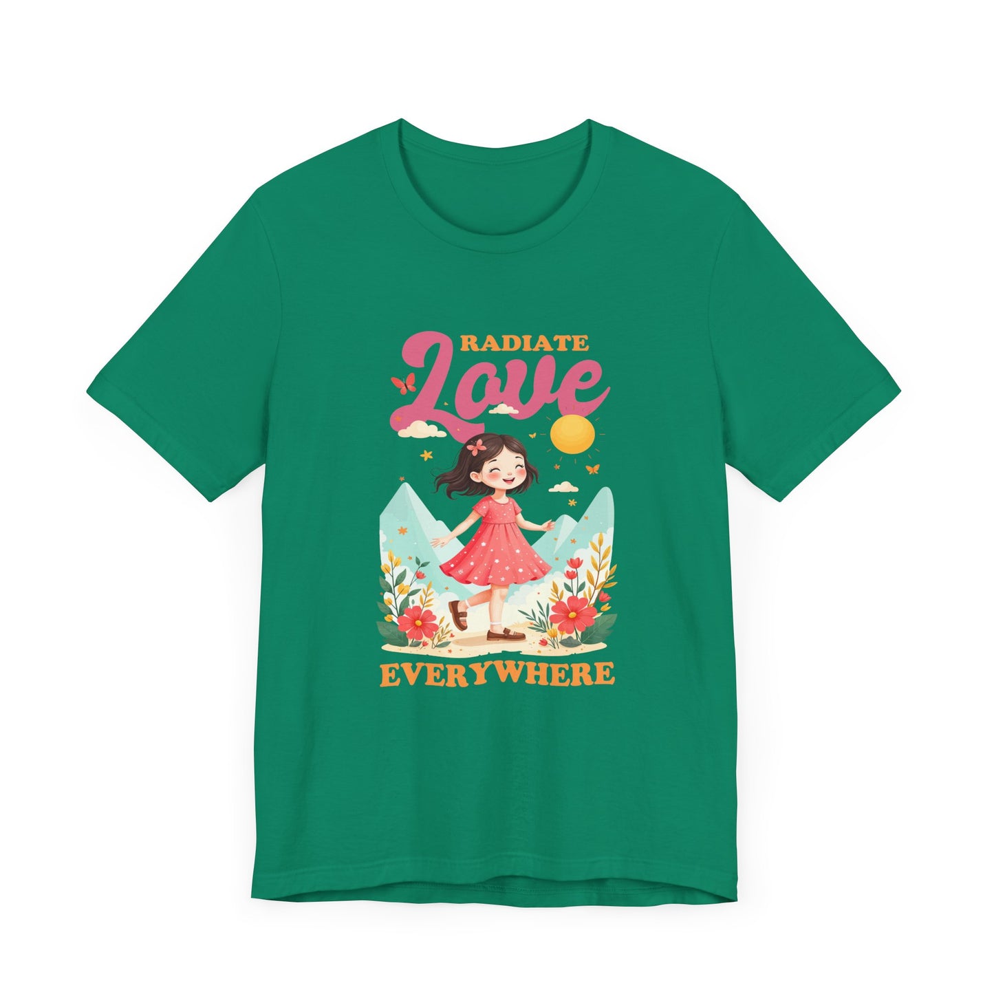 Radiate LOVE Everywhere – Happy Girl Walking in Flower Garden with Butterflies Graphic T-Shirt