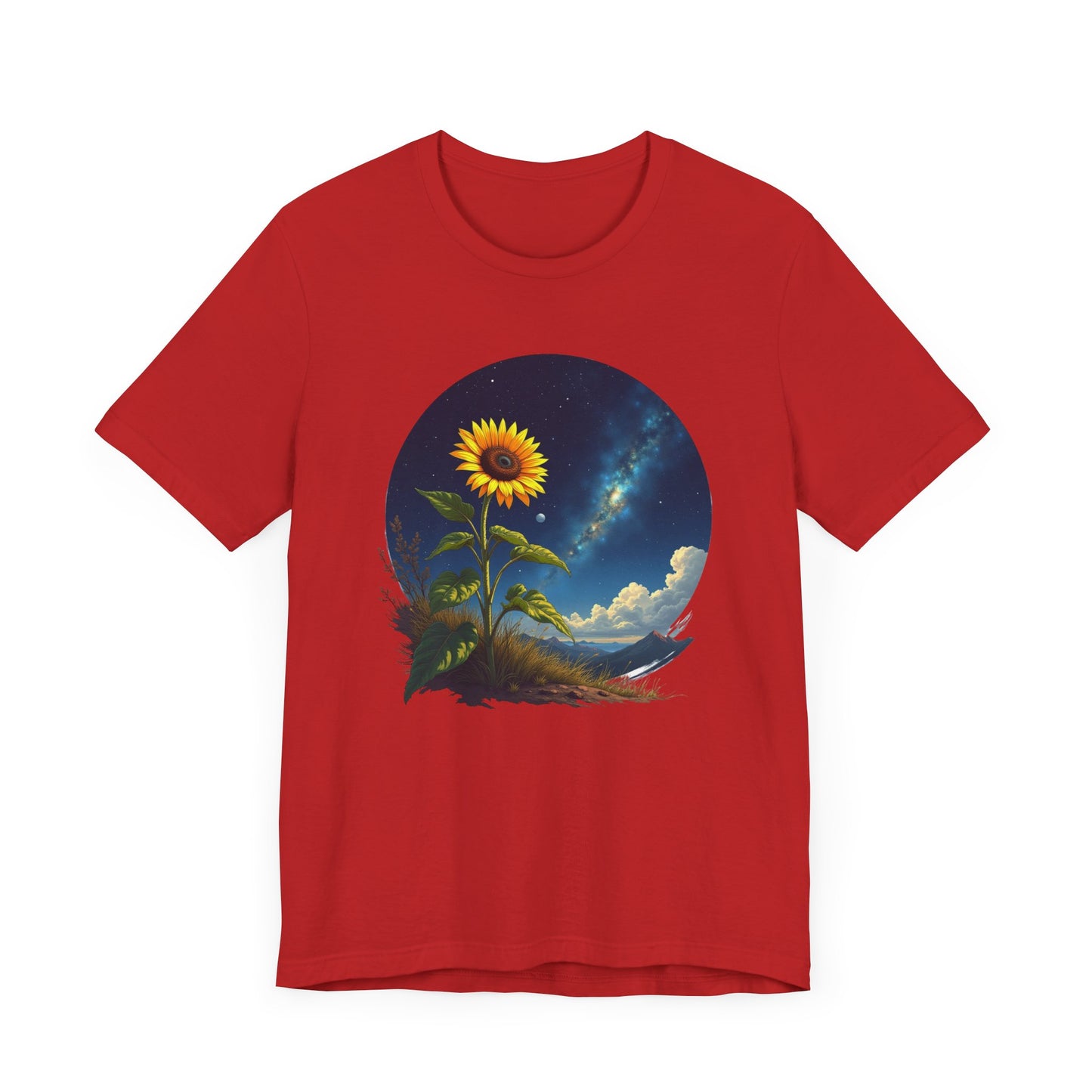 Cosmic Bloom Sunflower with Sky, Clouds & Mountains Reaction Graphic T-Shirt