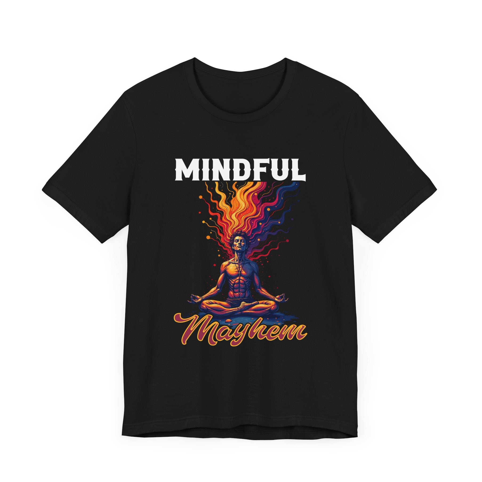 Mindful Mayhem – Meditating Man with Rising Flames Graphic T-Shirt