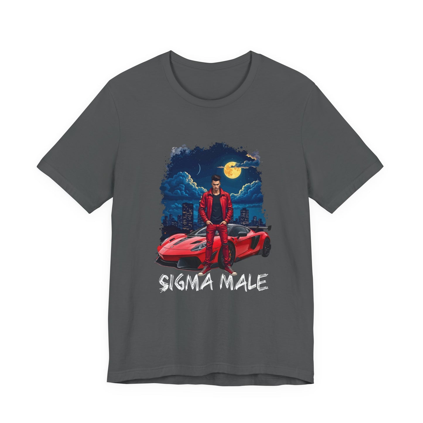 SIGMA MALE – Man in Red Jacket with Racing Car and Full Moon Graphic T-Shirt