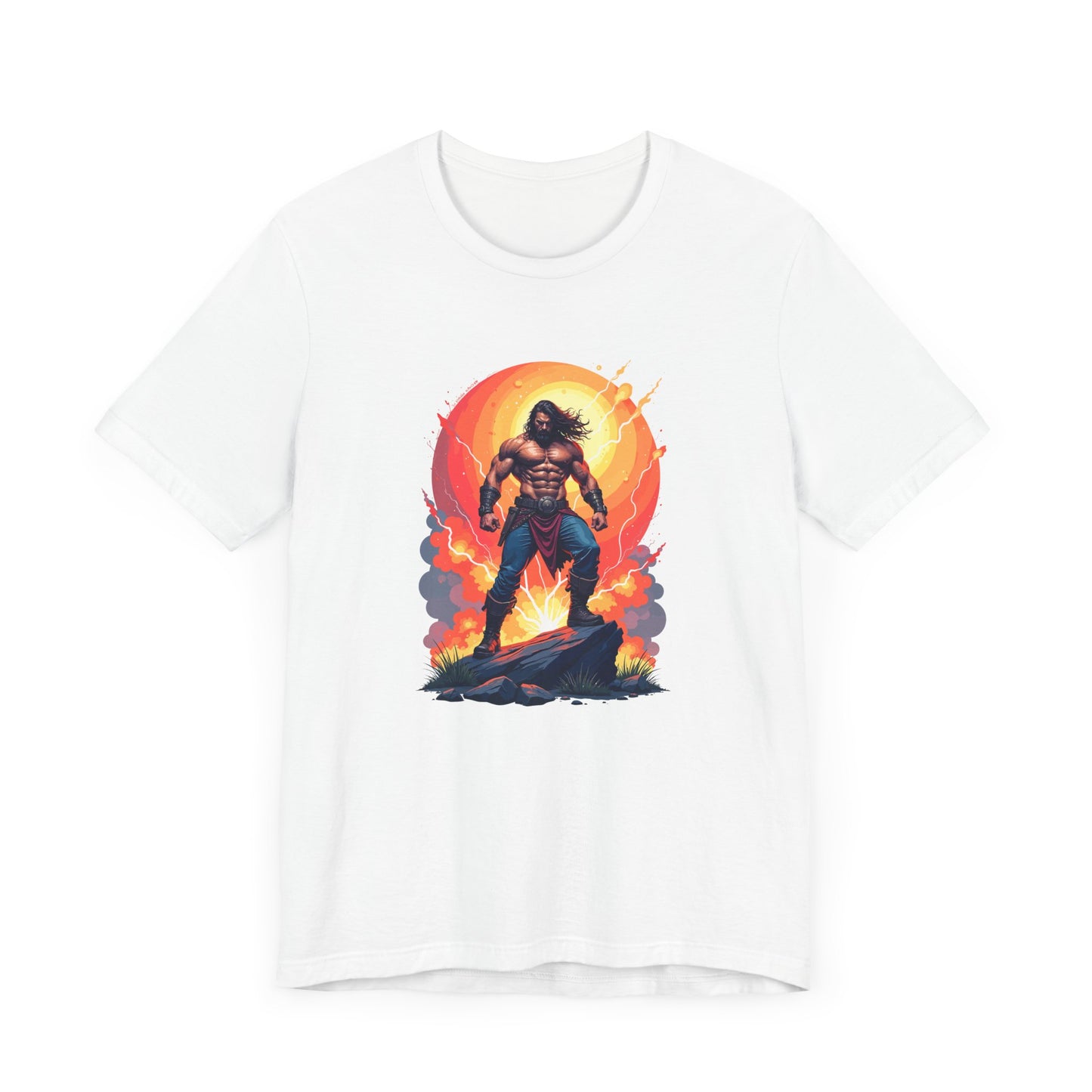 Power Unleashed – Strong Man on Rock with Lightning, Smoke & Fire Splash Graphic T-Shirt