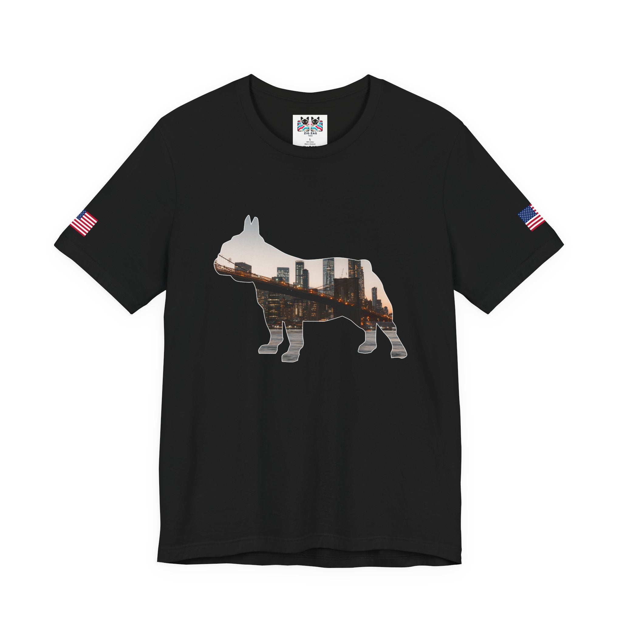 NYC Dog Silhouette T-Shirt - New York City Skyline in French Bulldog Shape Brooklyn Bridge