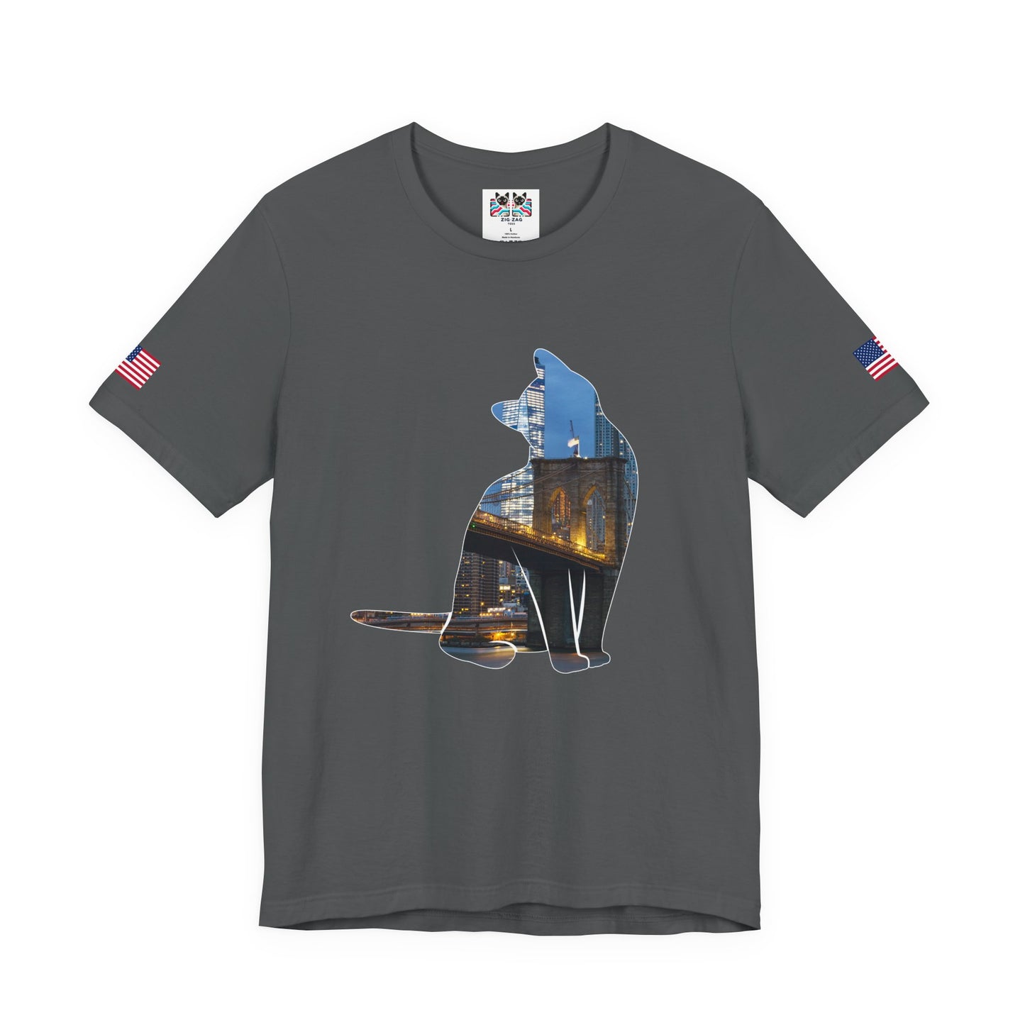 NYC Cat Silhouette T-Shirt - New York City Skyline in Cat Shape Brooklyn Bridge Design