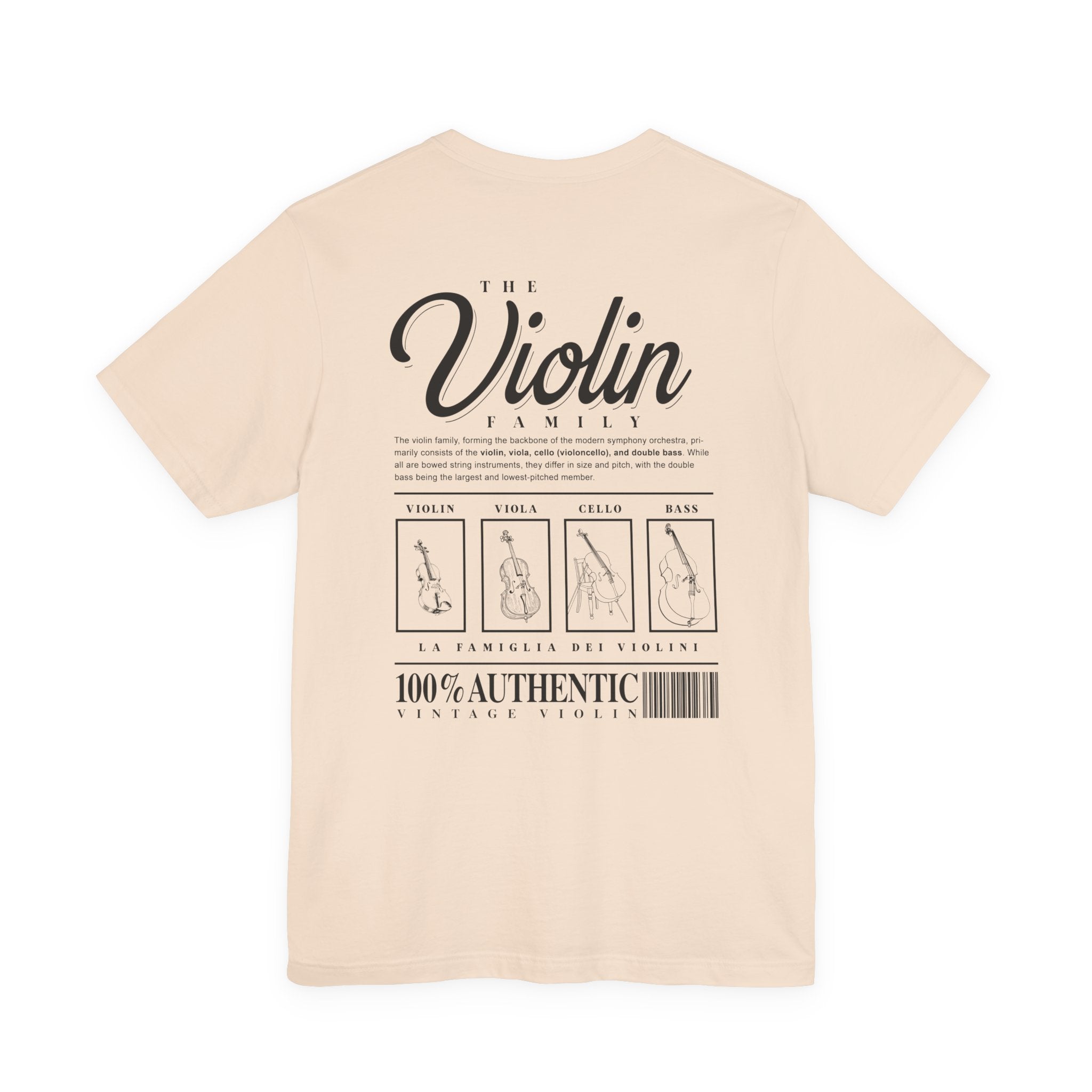 The Violin Family T-Shirt – Illustrated Guide to String Instrument Lineage [Violin, Viola, Cello, Bass]