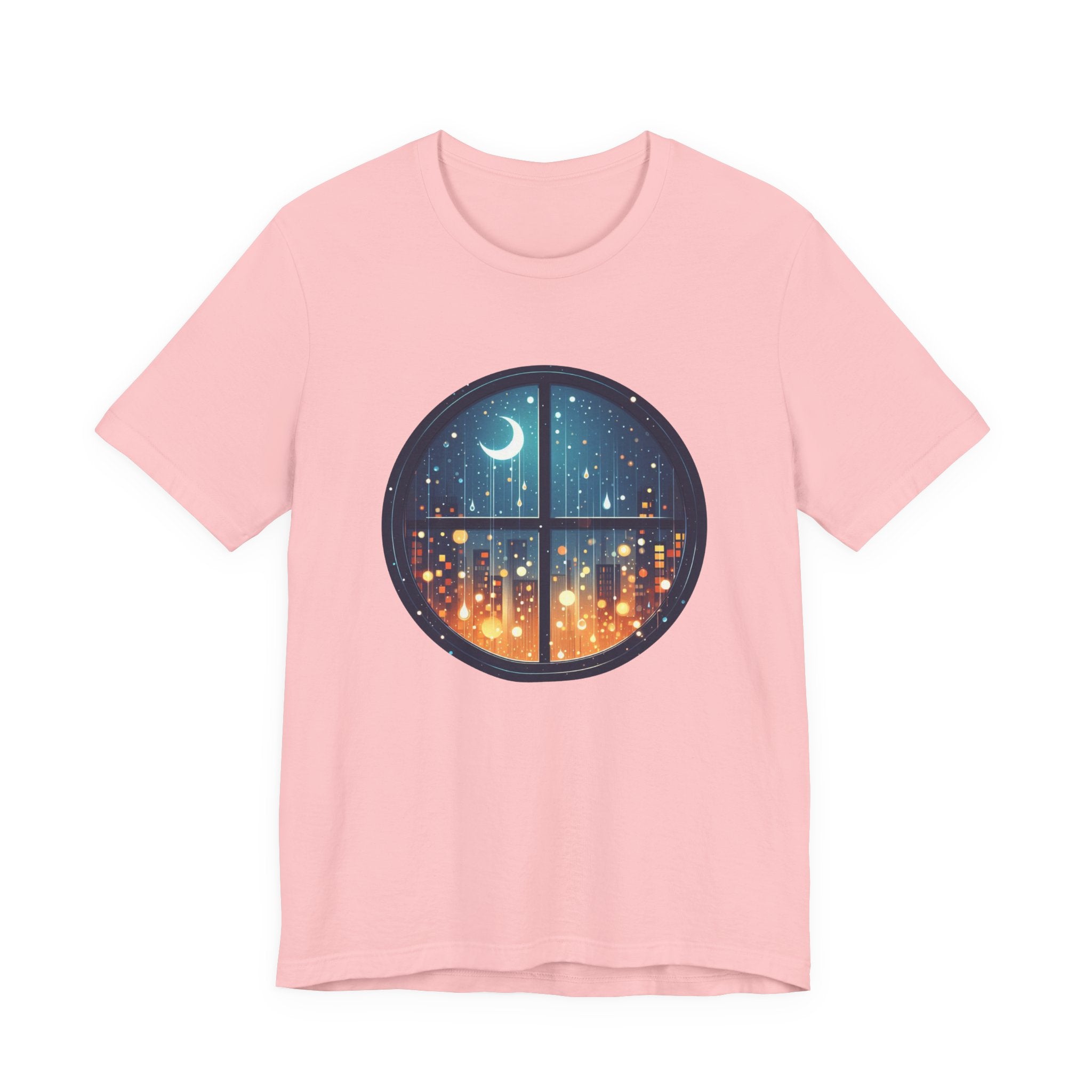 Dreaming Under Drizzles – Crescent Moon & Rainy Night in a City Window Graphic T-Shirt