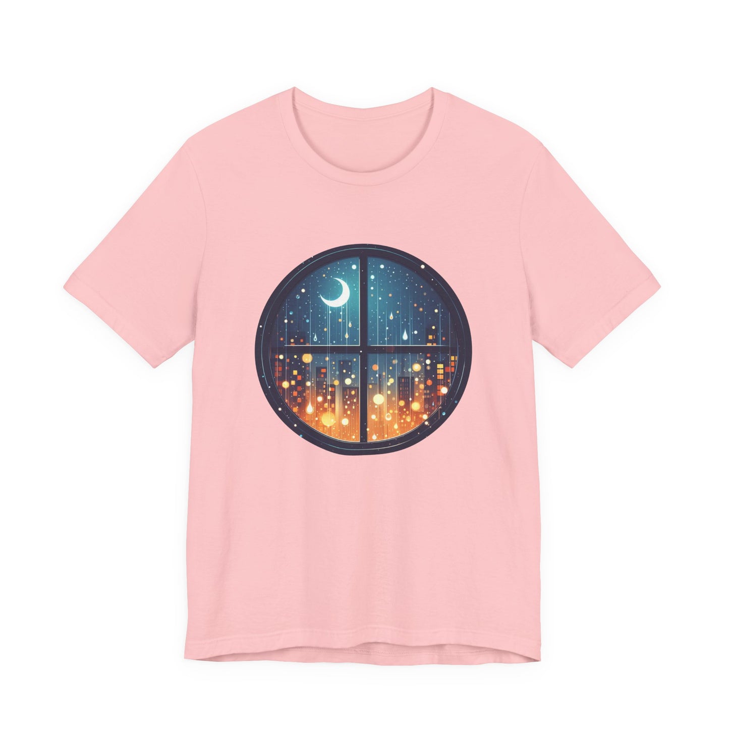 Dreaming Under Drizzles – Crescent Moon & Rainy Night in a City Window Graphic T-Shirt