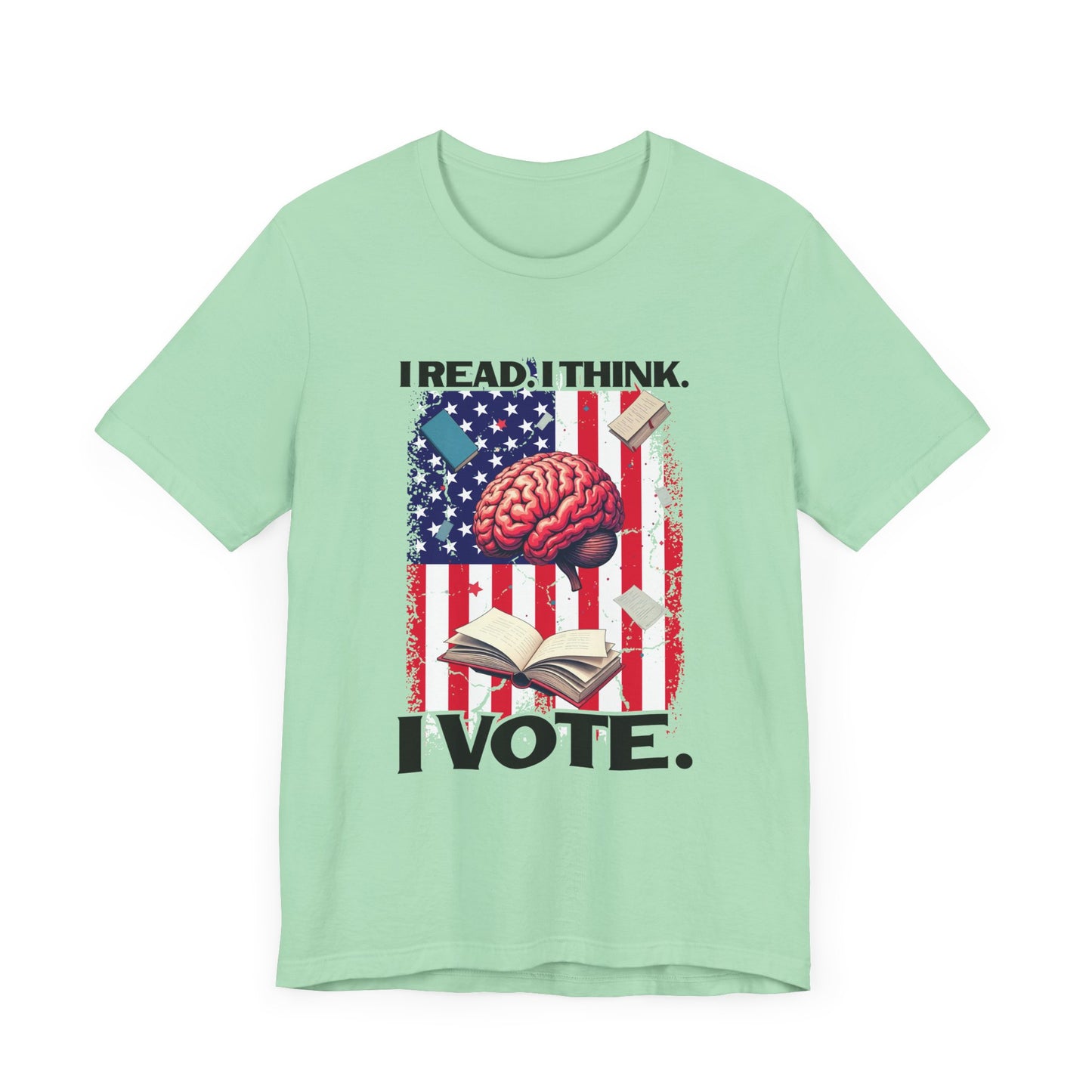 I READ I THINK I VOTE - Flag, Books & Brain Graphic T-Shirt