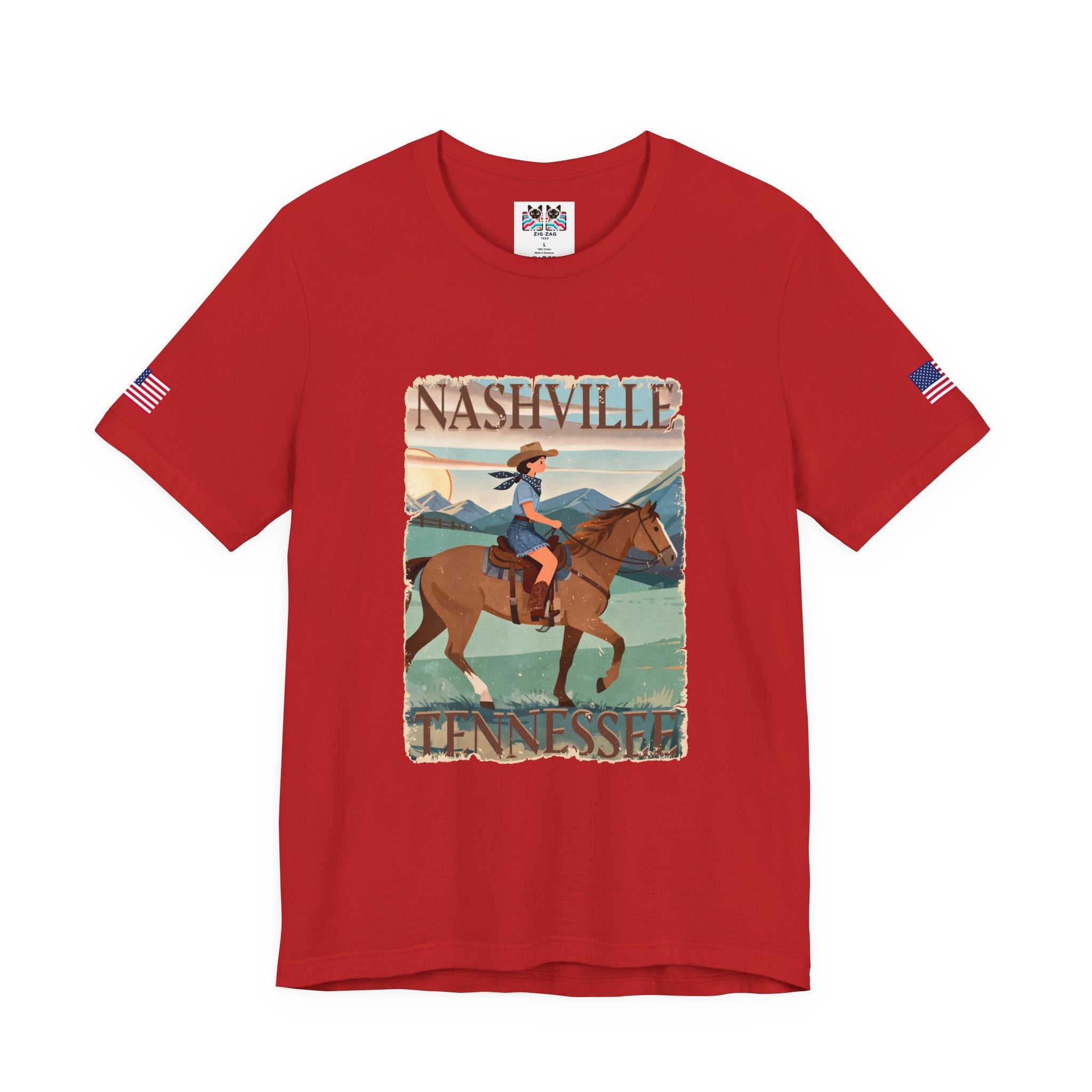 Nashville Tennessee T-Shirt – Vintage Cowgirl Horseback Riding Travel Poster Style Graphic Tee