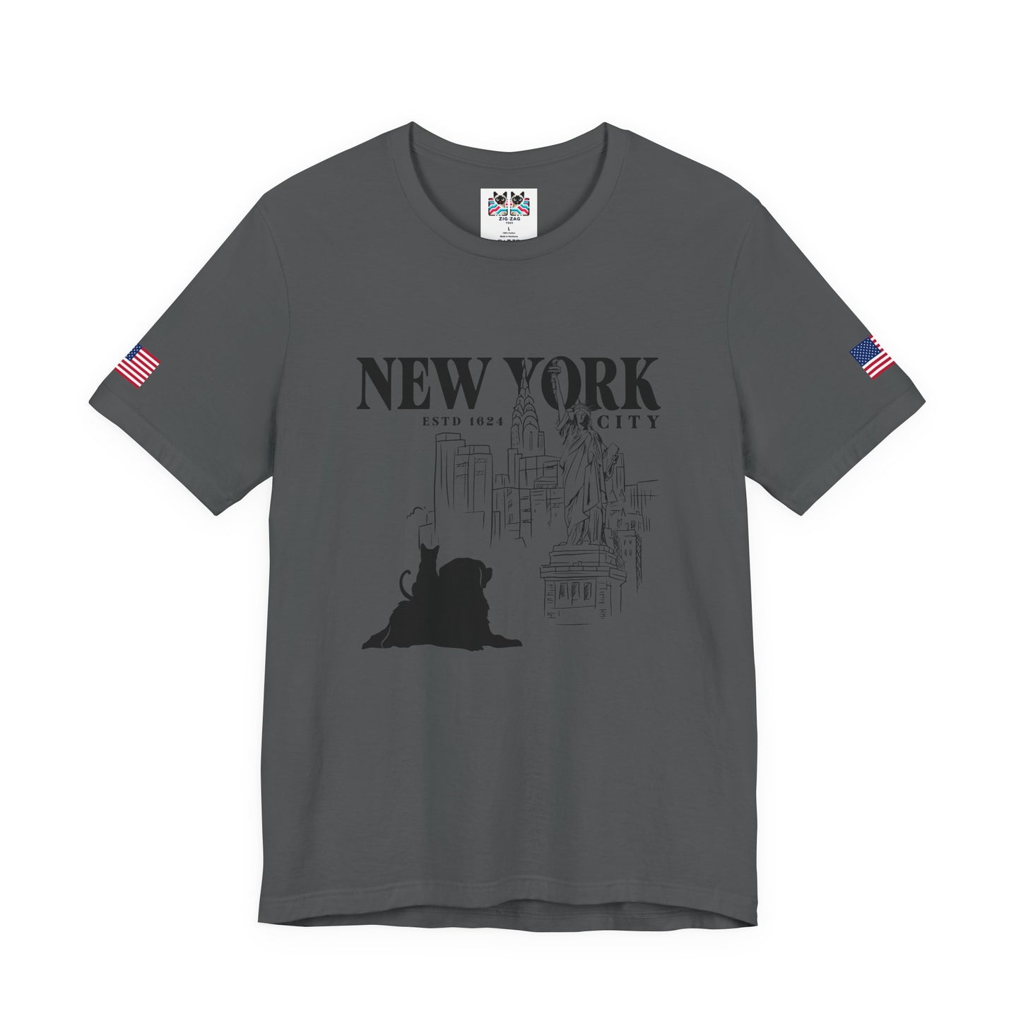 New York City Cat Dog T-Shirt - NYC Est. 1624 Sketch Art with Brooklyn Bridge & Liberty