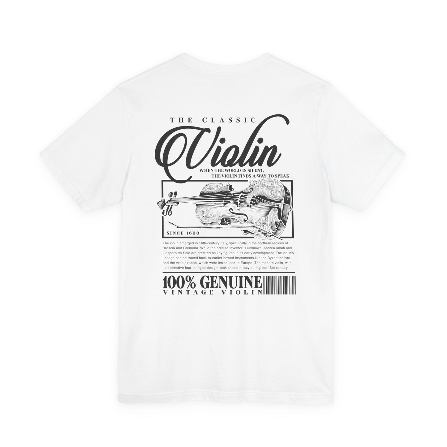 The Classic Violin T-Shirt – Vintage Instrument & 16th Century Story [Black Text]