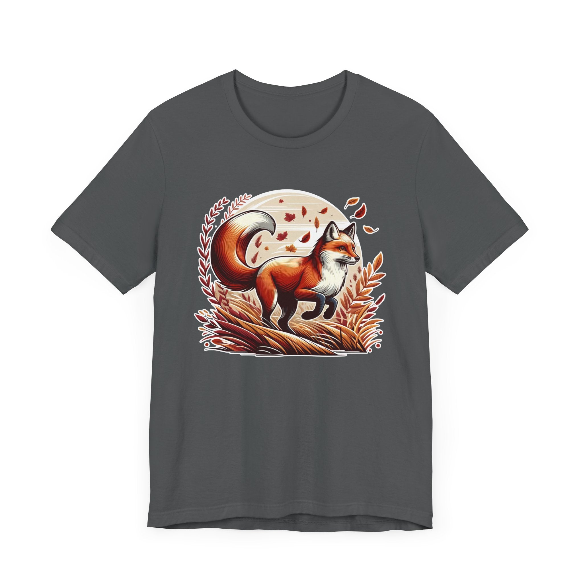 Grace and Agility - Elegant Fox Leaping in Grain Field with Flying Leaves Graphic T-Shirt