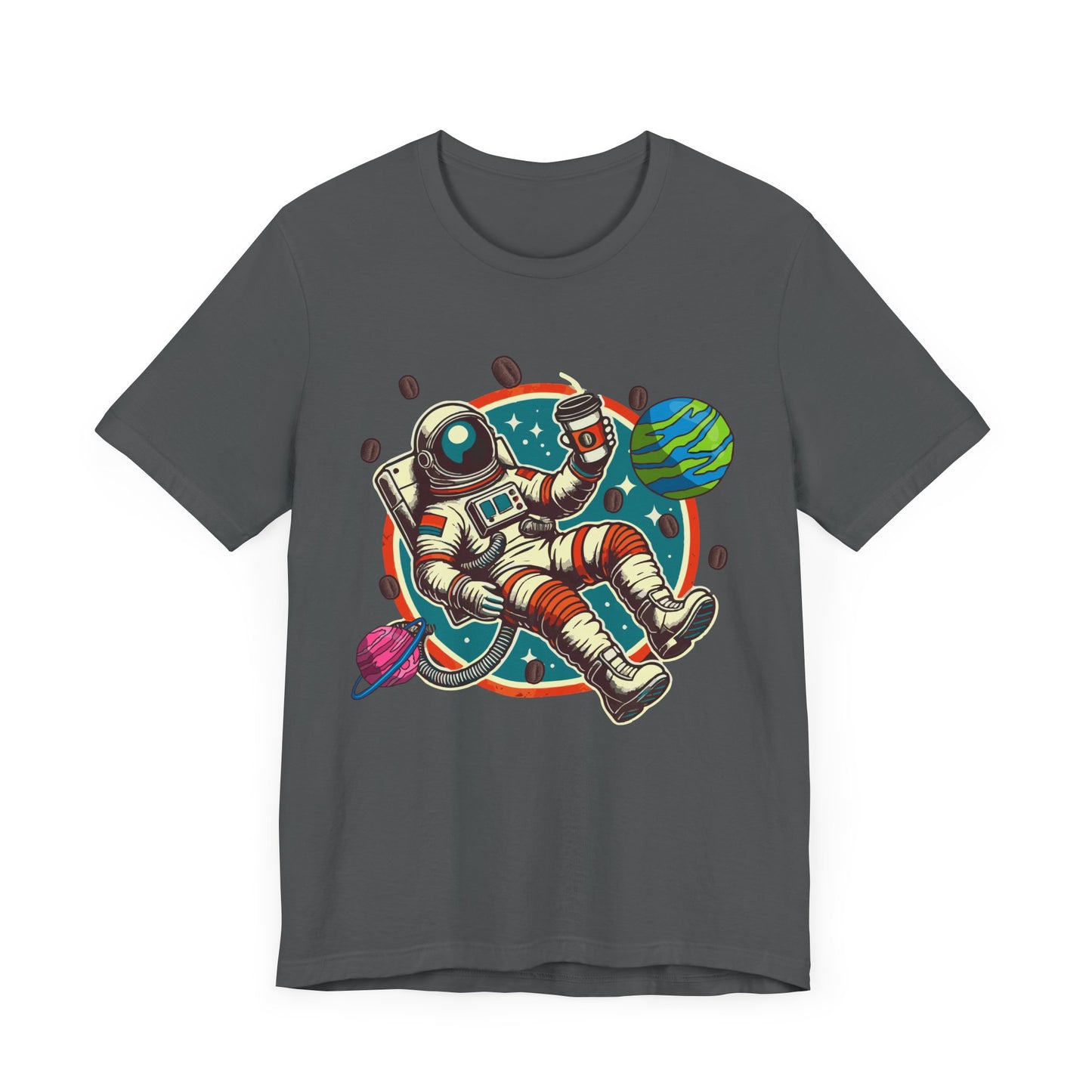 Space Coffee Break | Astronaut Floating with Coffee Cup & Planets Graphic T-Shirt