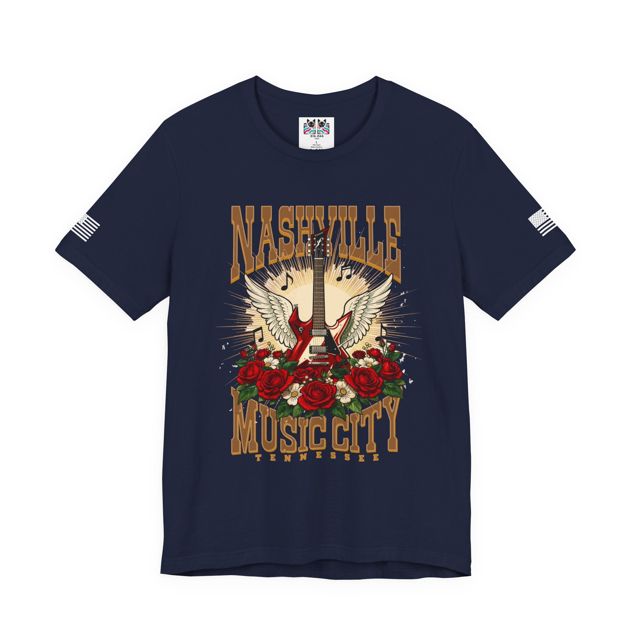 Nashville Music City Tennessee T-Shirt – Winged Electric Guitar Rose Floral Graphic Tee