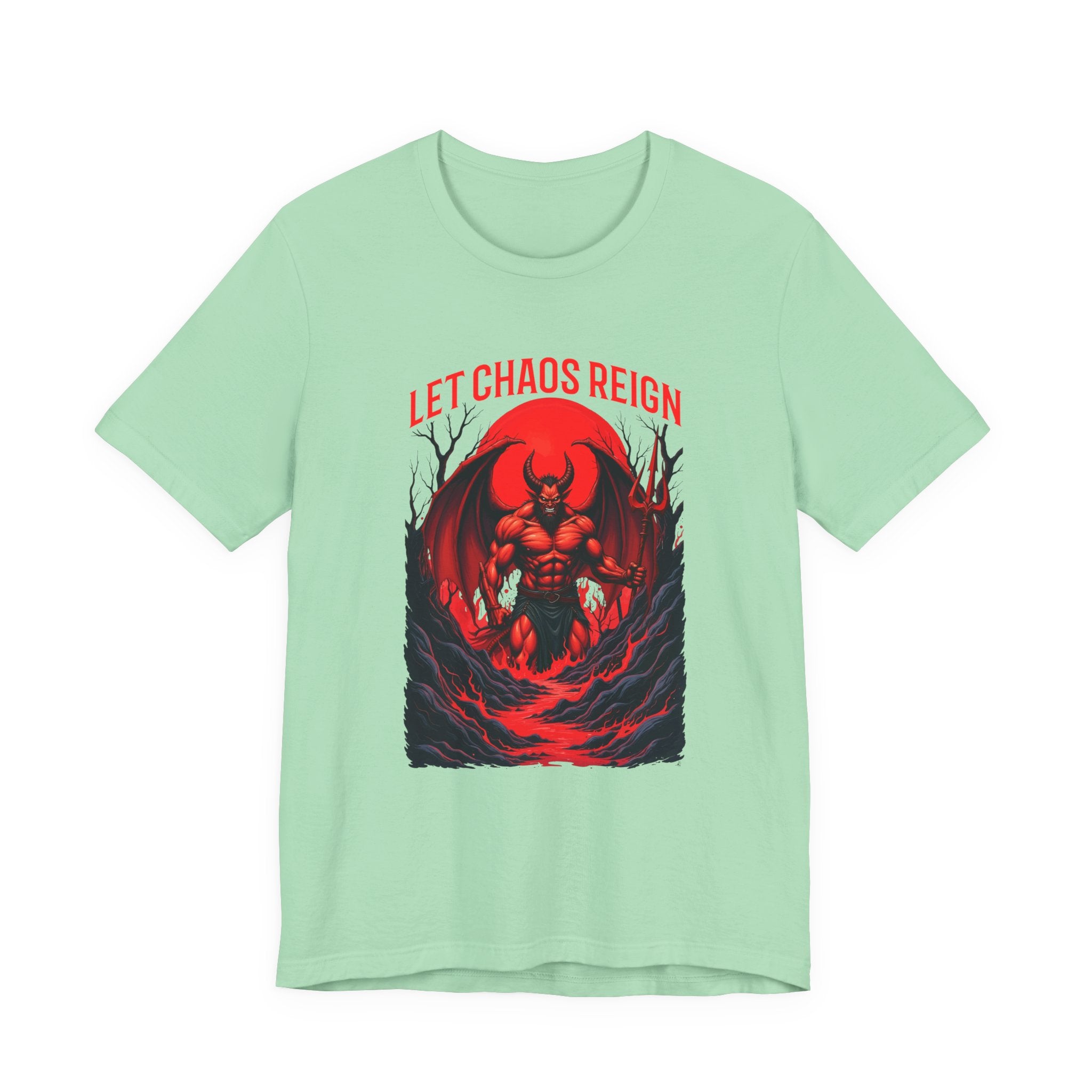Let Chaos Reign – Fierce Beast with Wings on Fiery under Red Moon Graphic T-Shirt