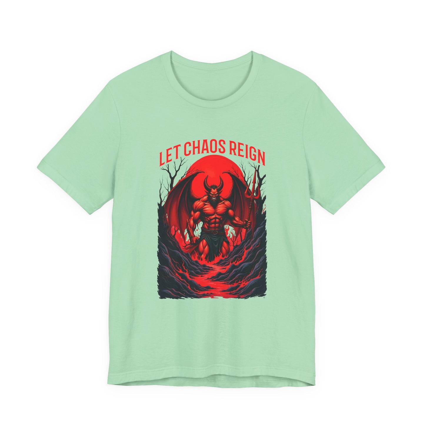 Let Chaos Reign – Fierce Beast with Wings on Fiery under Red Moon Graphic T-Shirt