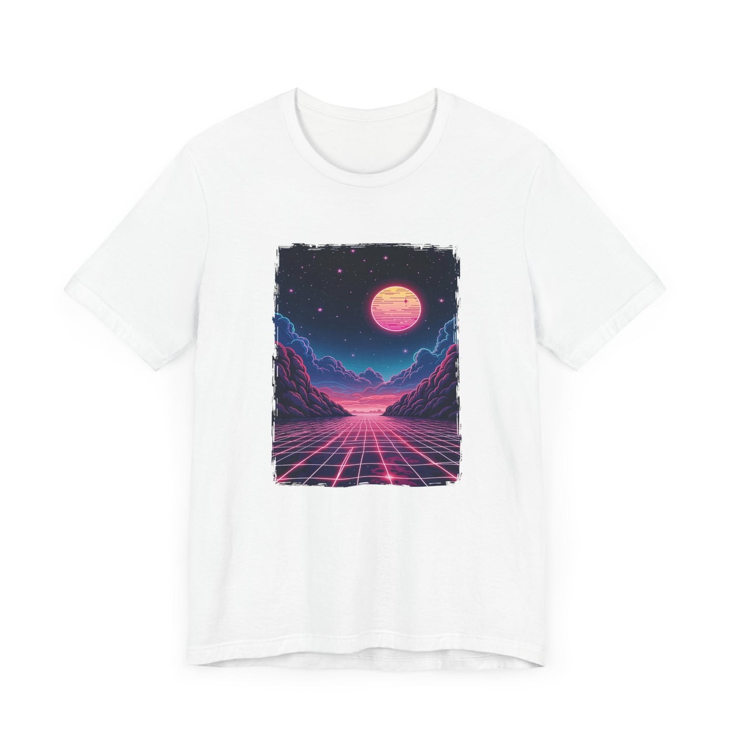 Neon Dream – Full Moon Night Waterfront with Mountains and Glowing Sky Graphic T-Shirt
