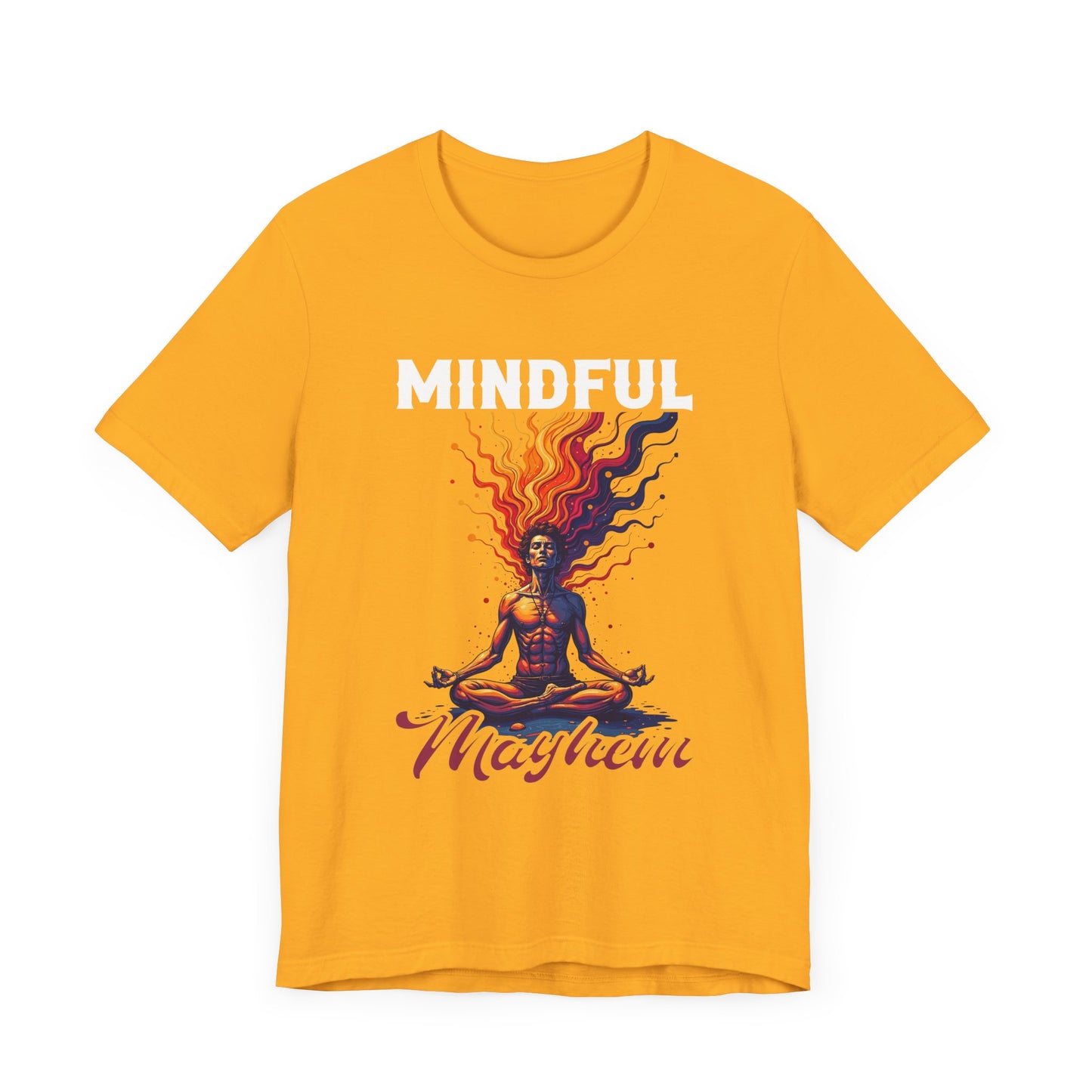Mindful Mayhem – Meditating Man with Rising Flames Graphic T-Shirt