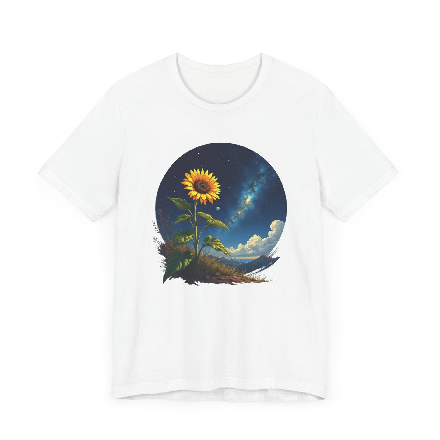 Cosmic Bloom Sunflower with Sky, Clouds & Mountains Reaction Graphic T-Shirt