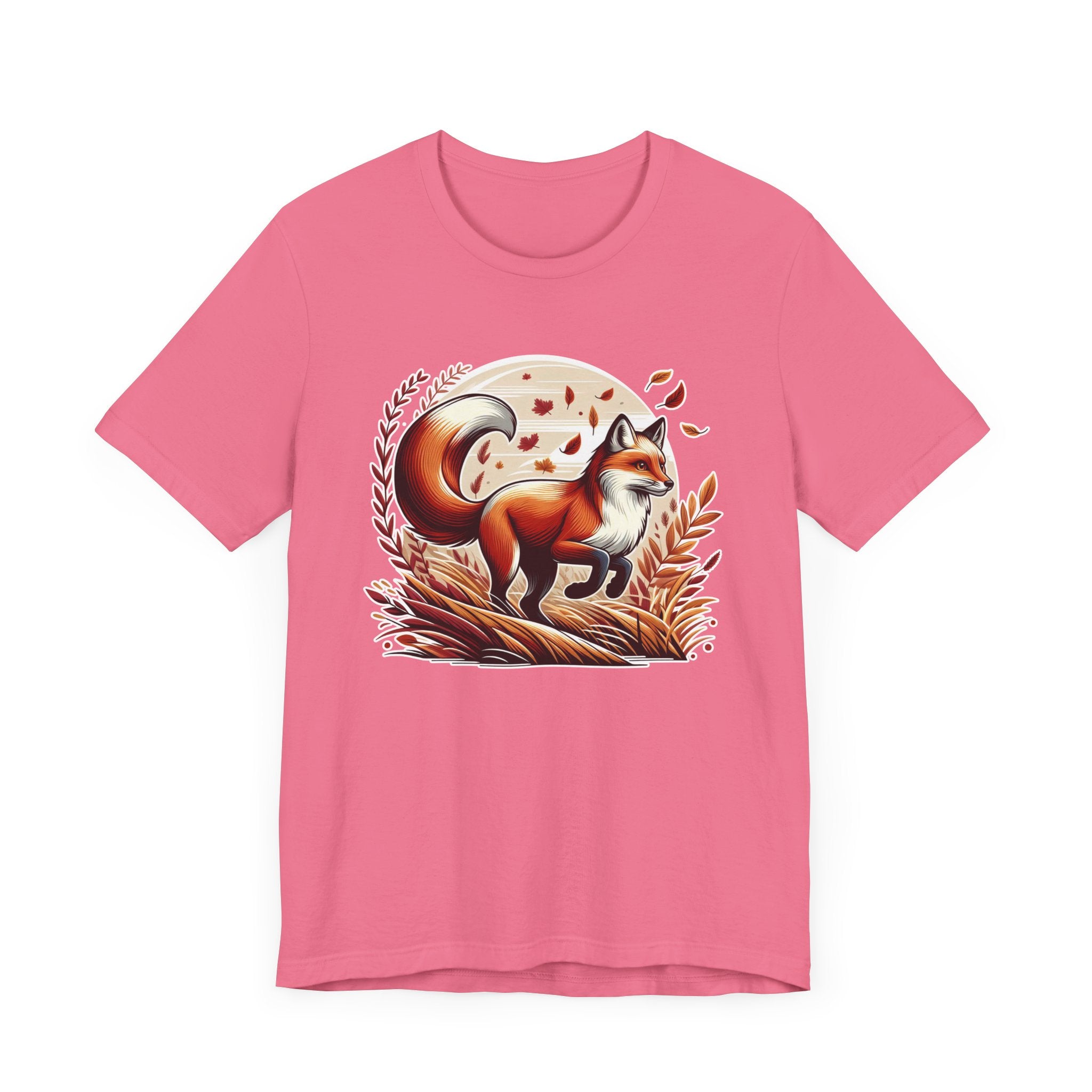 Grace and Agility - Elegant Fox Leaping in Grain Field with Flying Leaves Graphic T-Shirt