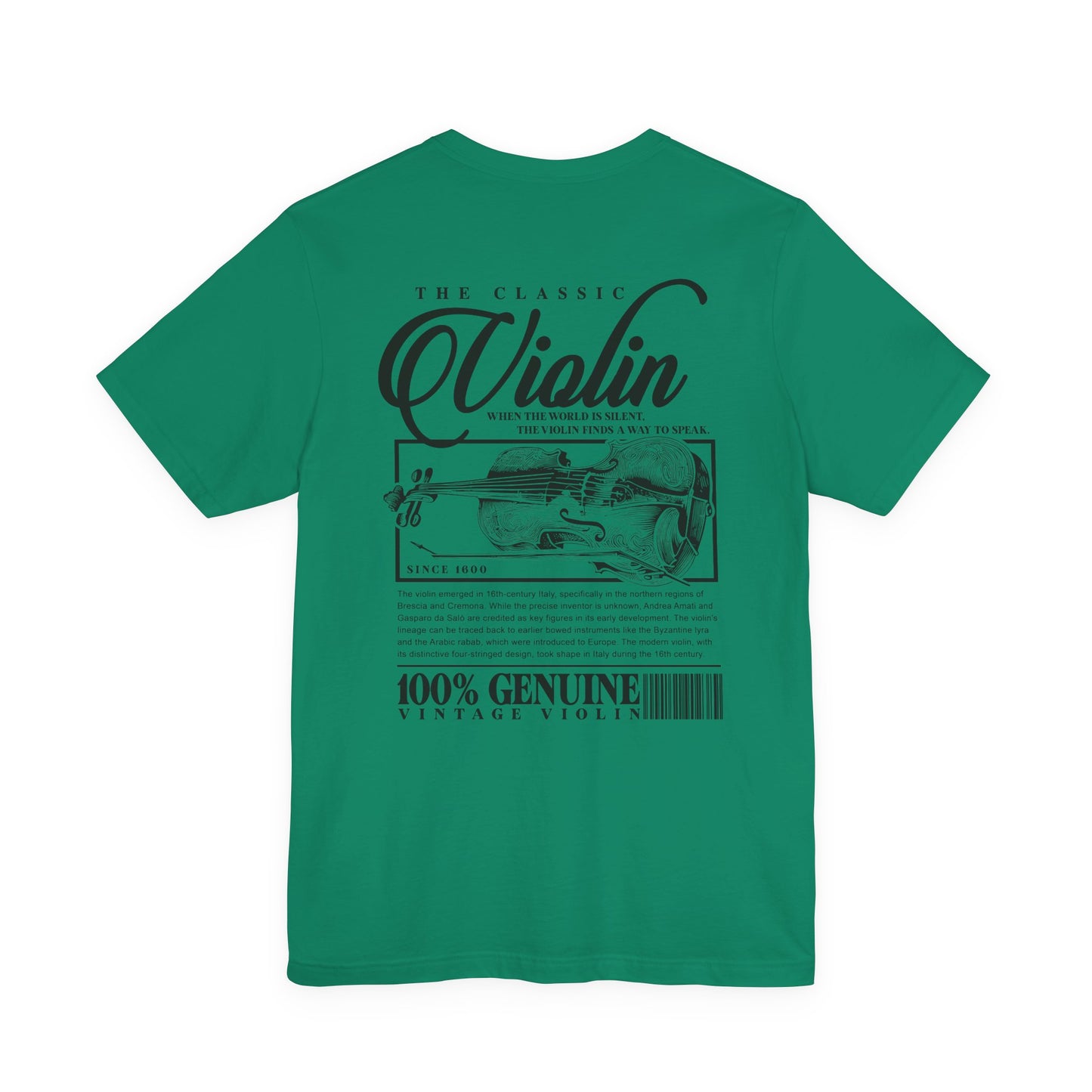 The Classic Violin T-Shirt – Vintage Instrument & 16th Century Story [Black Text]