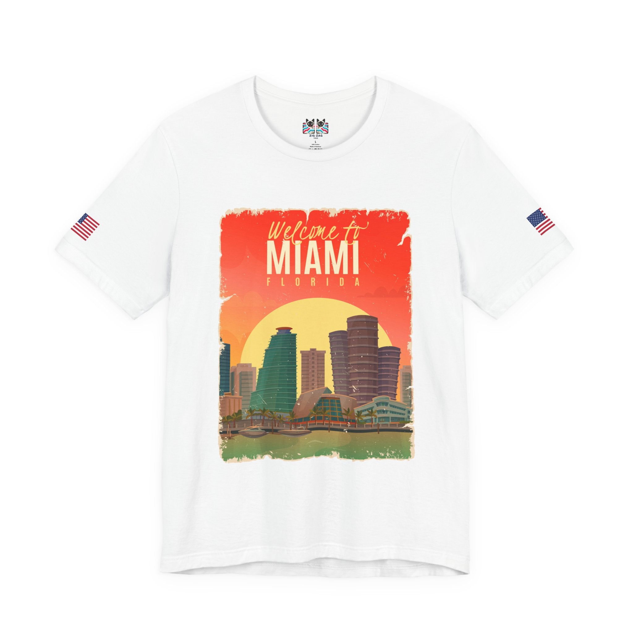 Welcome to Miami Florida T-Shirt – Vintage Retro Skyline Sunset Poster Graphic Tee