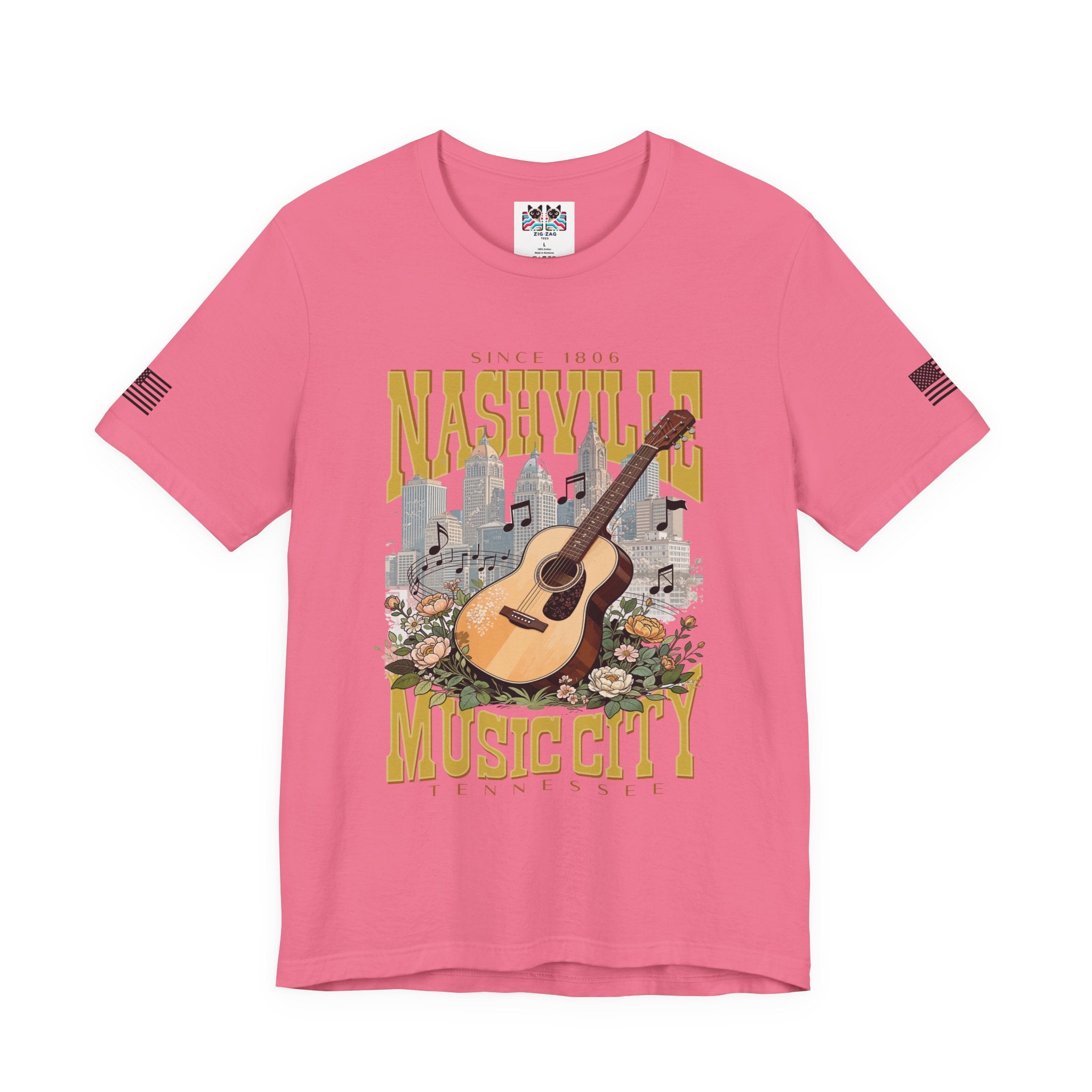 Nashville Music City Since 1806 T-Shirt – Acoustic Guitar Skyline Floral Graphic Tee Tennessee