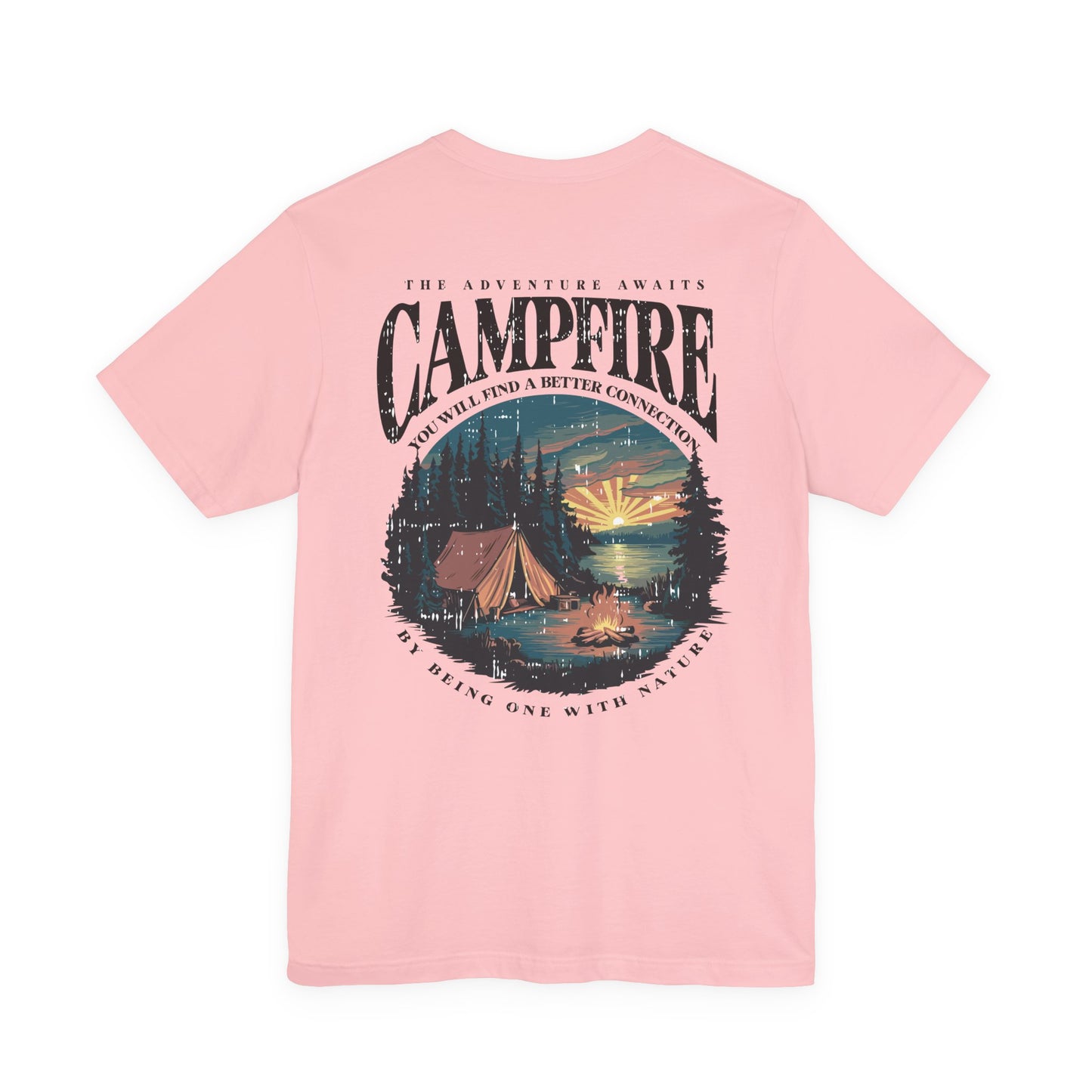 The Adventure Awaits Campfire T-Shirt – Forest Sunset Reflection Graphic