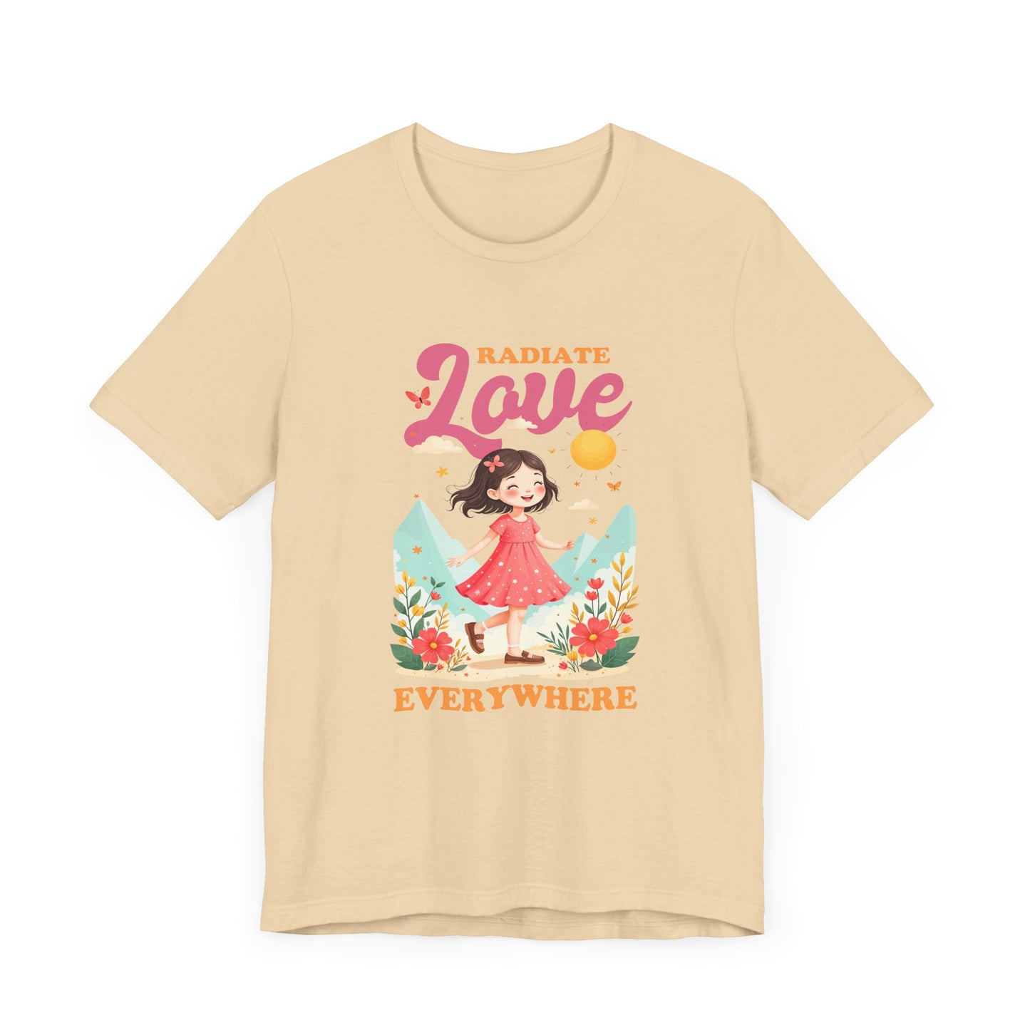 Radiate LOVE Everywhere – Happy Girl Walking in Flower Garden with Butterflies Graphic T-Shirt