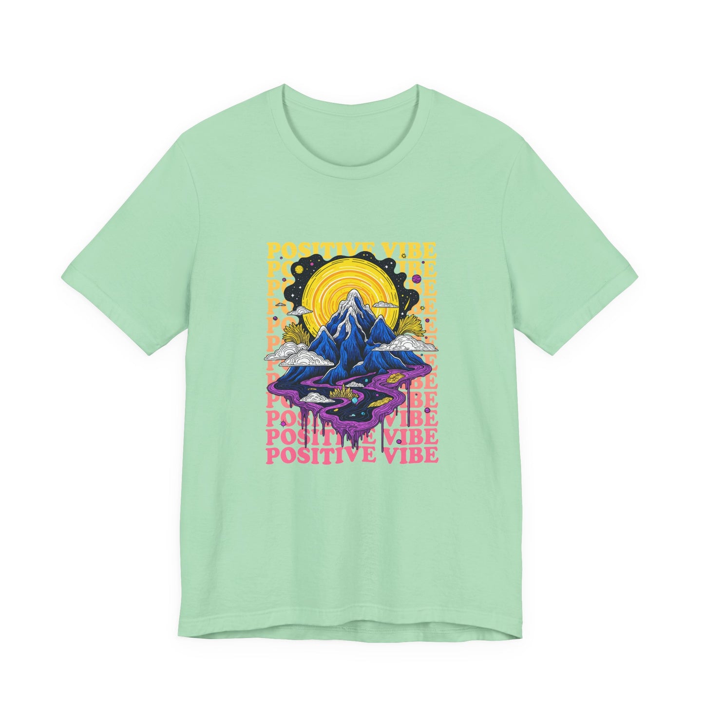 Positive Vibes – Cosmic Sun and Solar System Drip Graphic T-Shirt