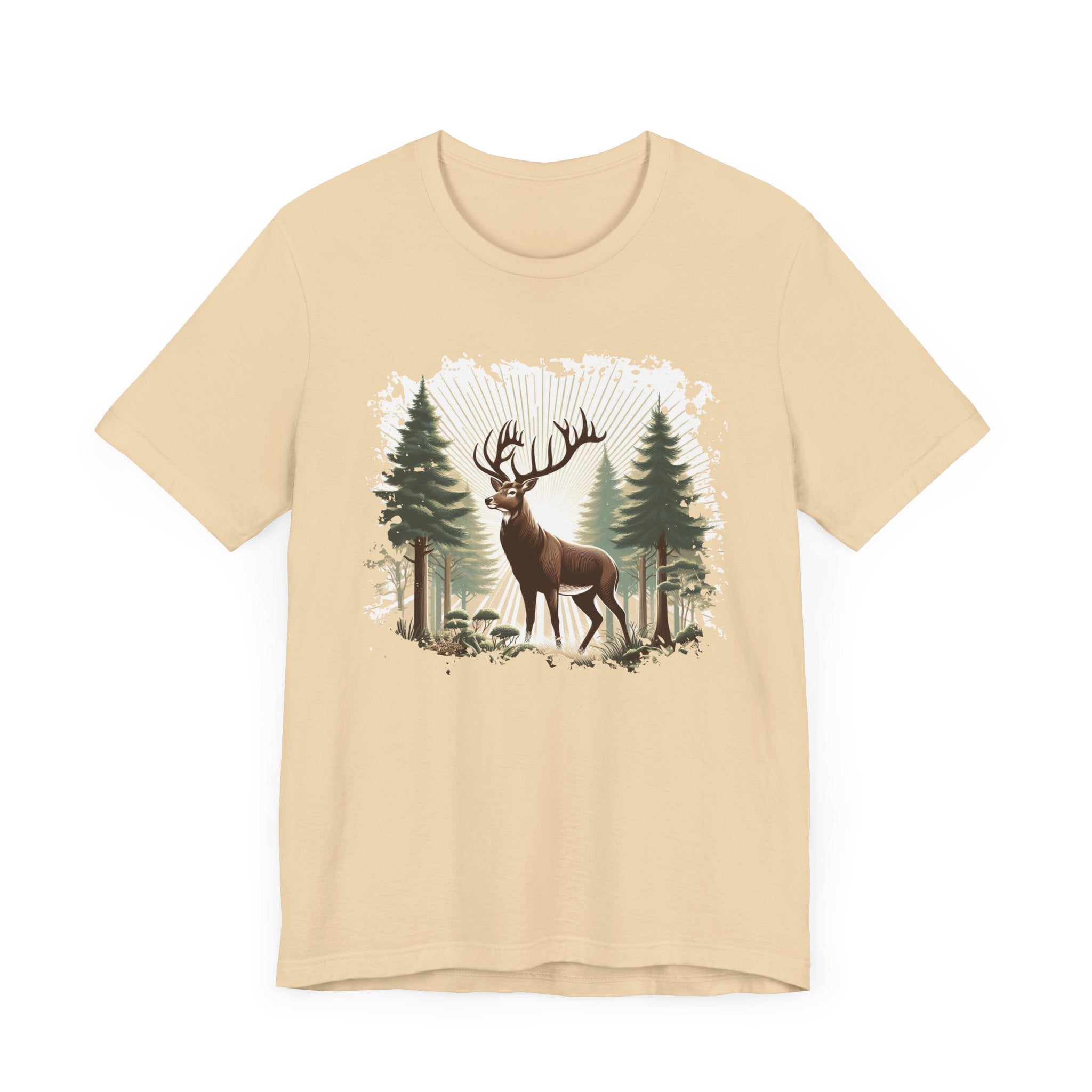 Majestic Deer with Large Antlers | Sunlight Through Foggy Forest Graphic T-Shirt