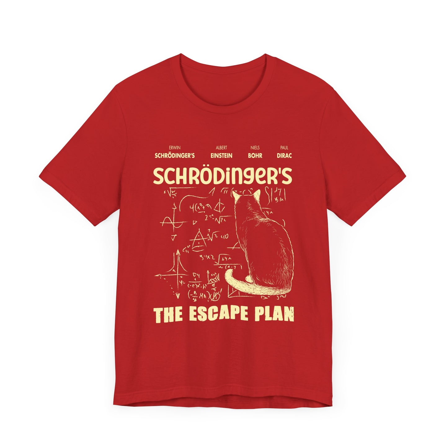 Physics Cat T-Shirt – Schrödinger’s Escape Plan Math Graphic