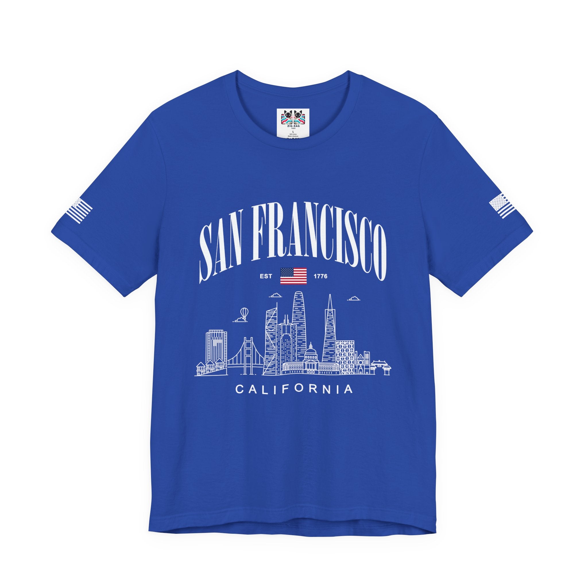 San Francisco California T-Shirt, EST 1776 Arch Skyline Tee, Bay Area Patriotic Shirt, SF Souvenir Gift, Unisex USA Flag Sleeve Shirt