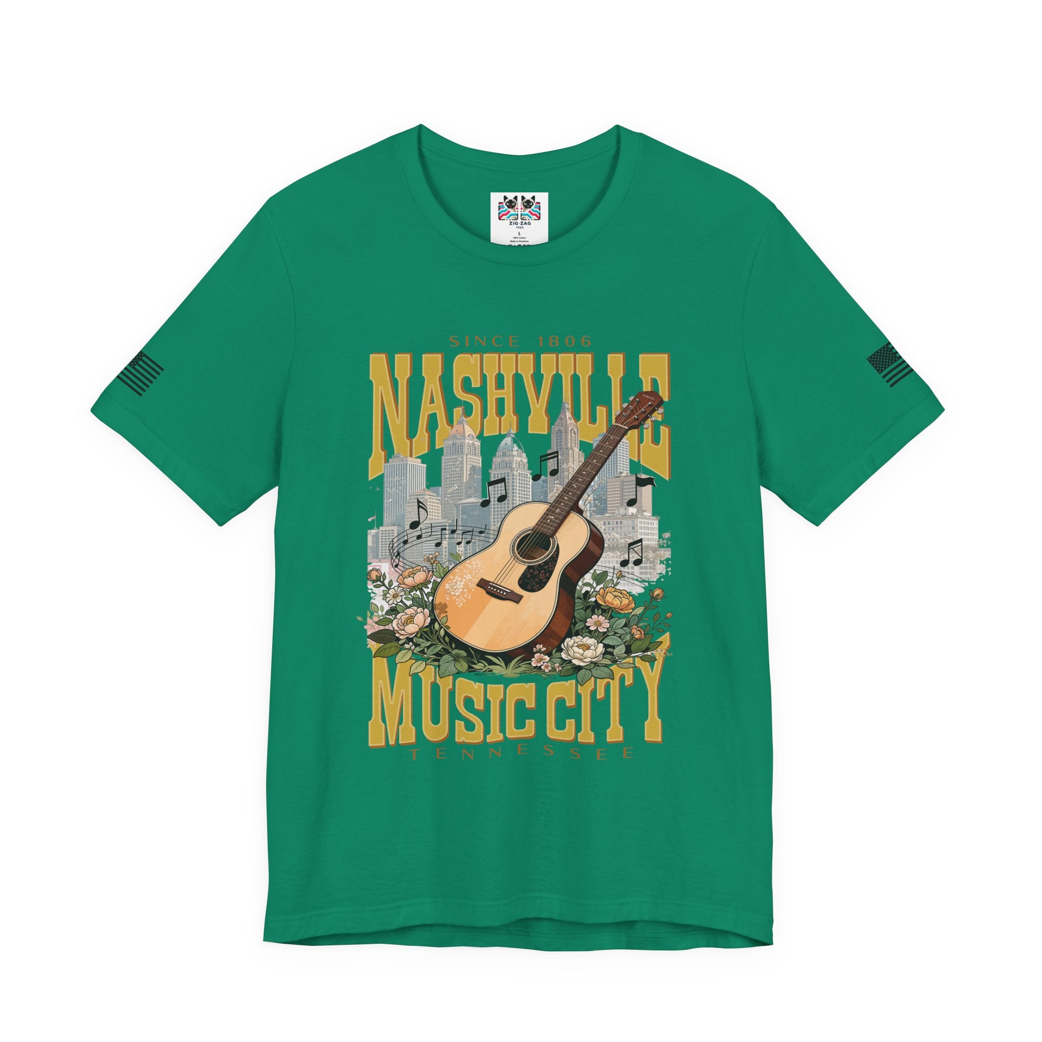 Nashville Music City Since 1806 T-Shirt – Acoustic Guitar Skyline Floral Graphic Tee Tennessee