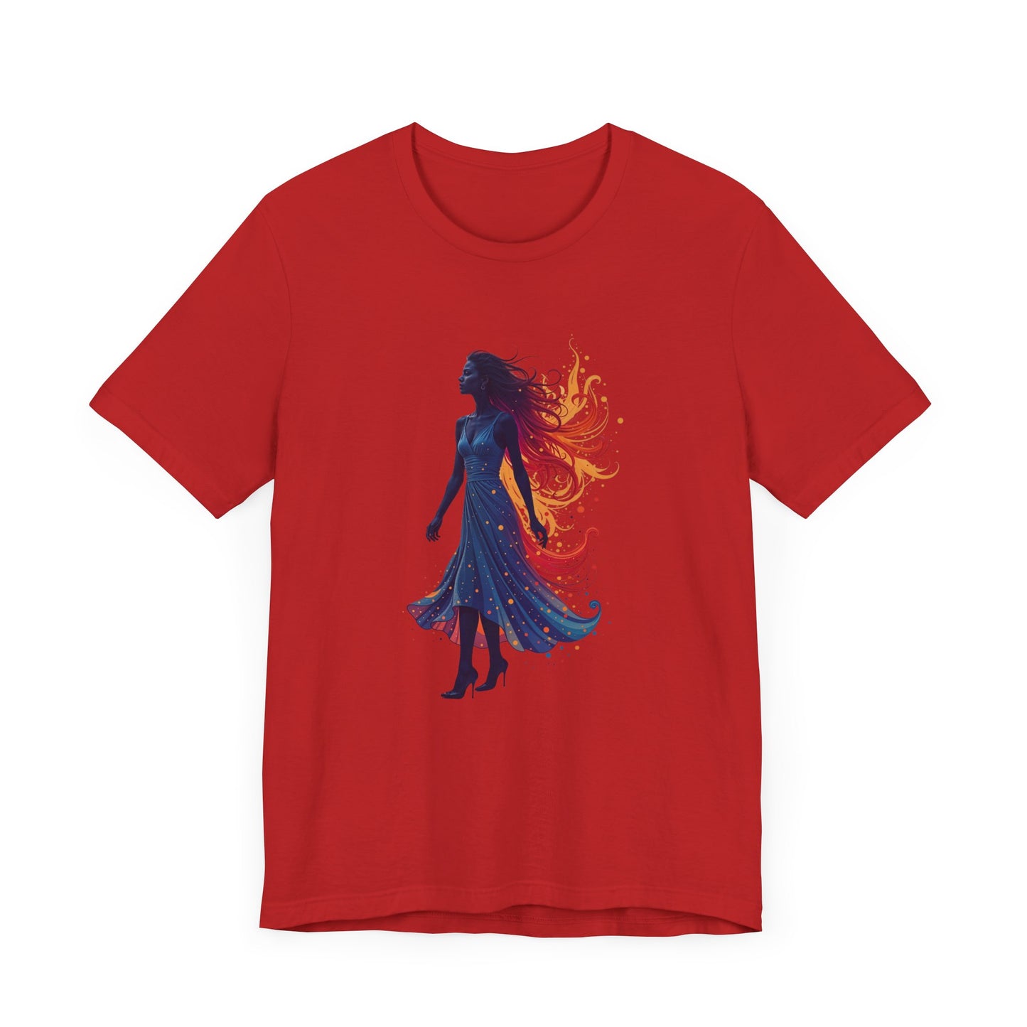 Graceful Woman with Swirling Autumn Aura – Abstract Colorful Swirl Graphic T-Shirt