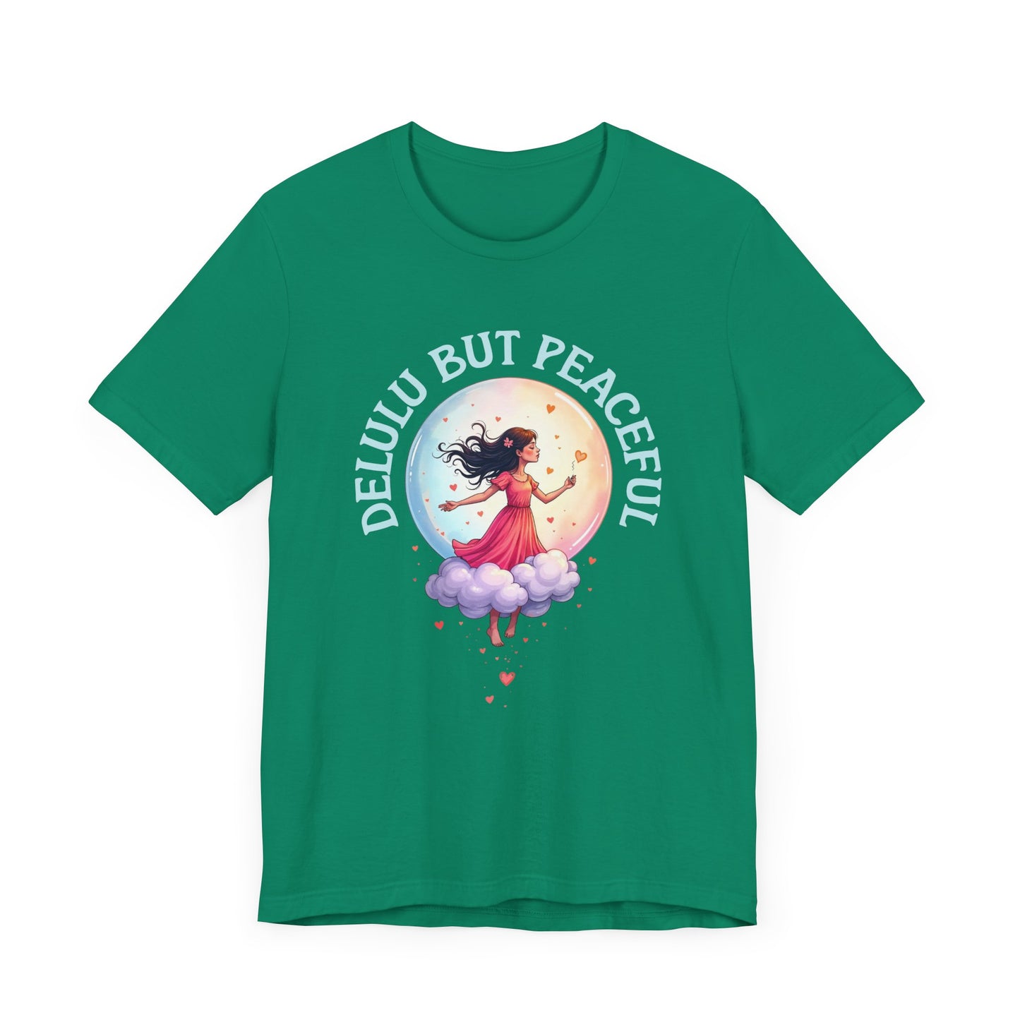 Delulu But Peaceful – Blissfully Unrealistic Floating Girl with Moon & Hearts Graphic T-Shirt