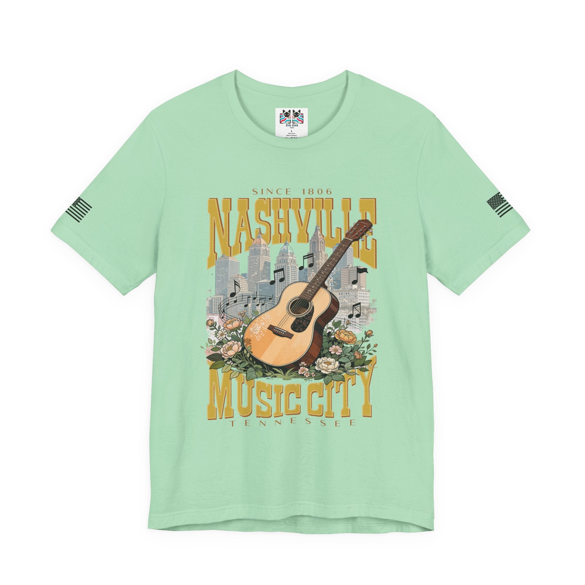 Nashville Music City Since 1806 T-Shirt – Acoustic Guitar Skyline Floral Graphic Tee Tennessee