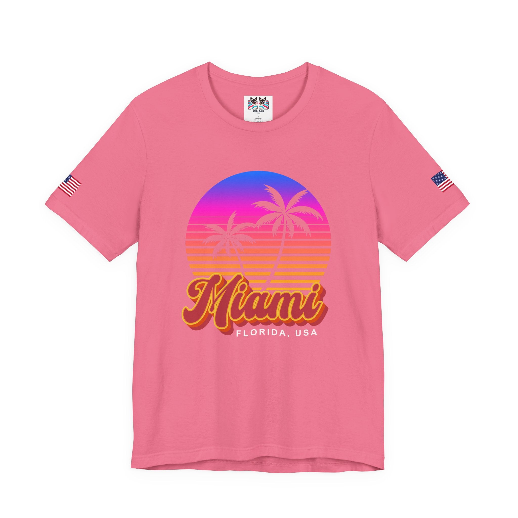 Miami Florida USA T-Shirt – Retro Neon Sunset Palm Tree Circle Graphic Tee