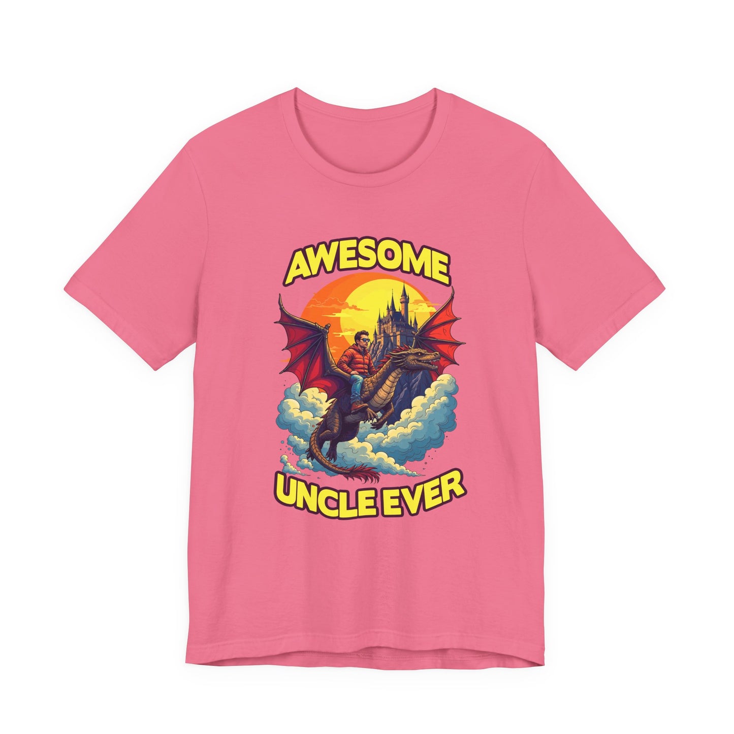 Awesome Uncle Ever Tshirt Man Riding Large Dragon Flying in Clouds with Castle in background