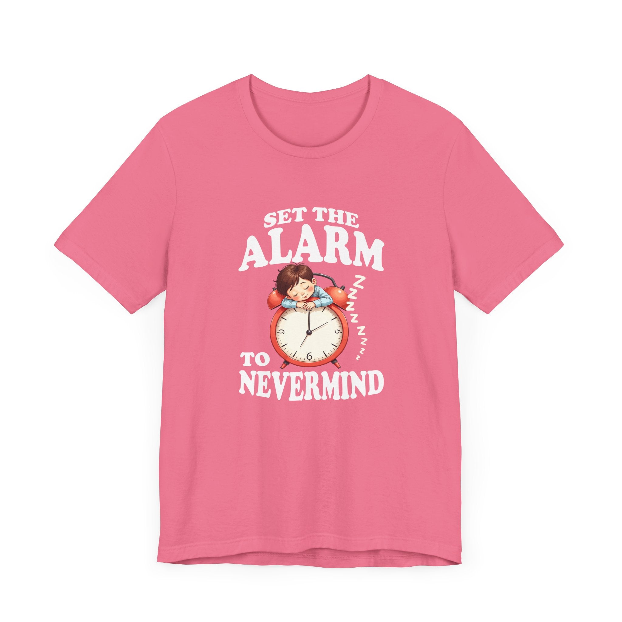 Set the Alarm to Never Mind – Sleeping Boy on Alarm Clock Graphic T-Shirt