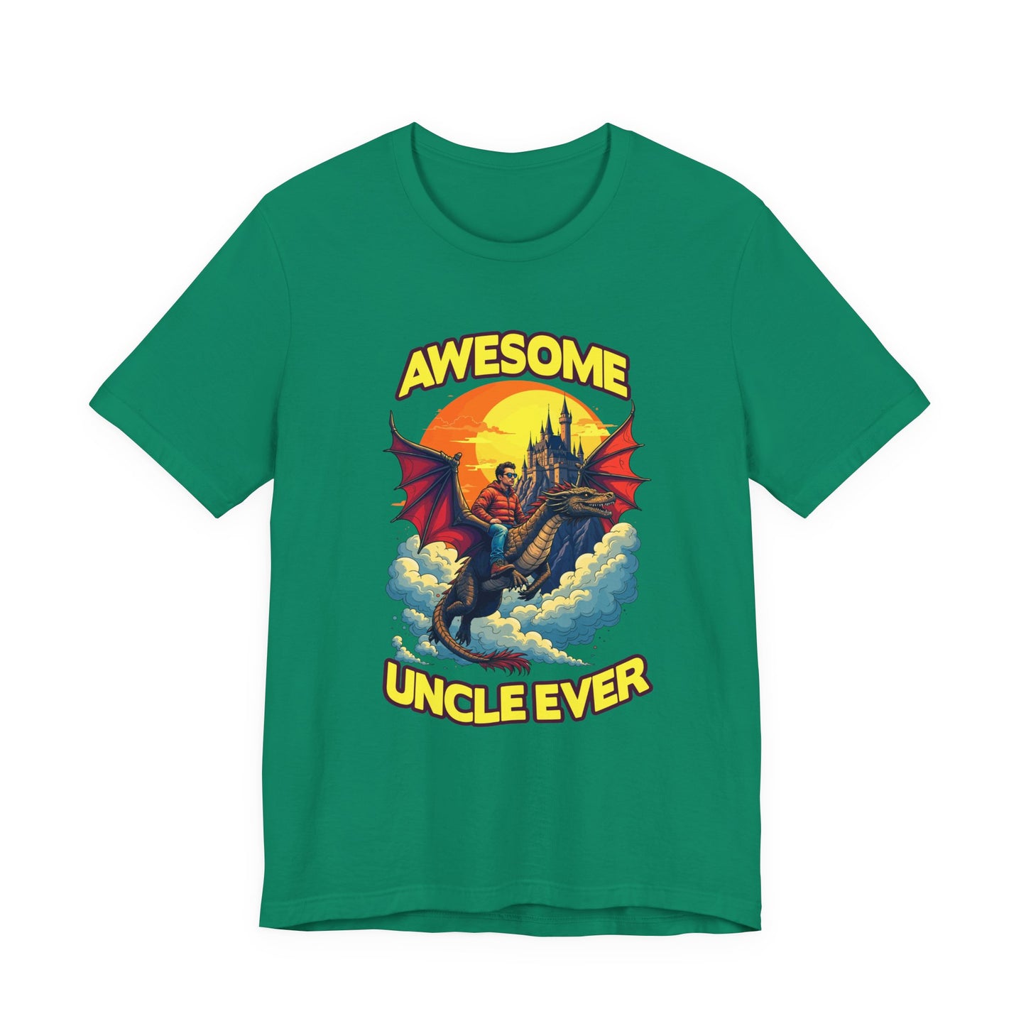 Awesome Uncle Ever Tshirt Man Riding Large Dragon Flying in Clouds with Castle in background