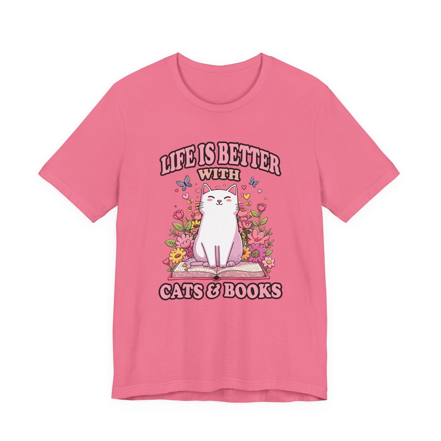Life Is Better With Cat And Books Tshirt Cat Sitting on Open Book Flower Graphic