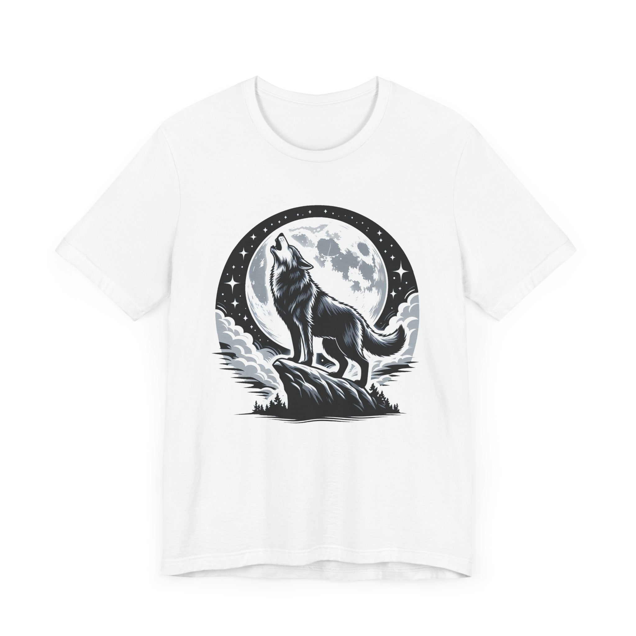 Mystical and Wild - Wolf Howling on Mountain Edge with Full Moon and Stars Graphic T-Shirt