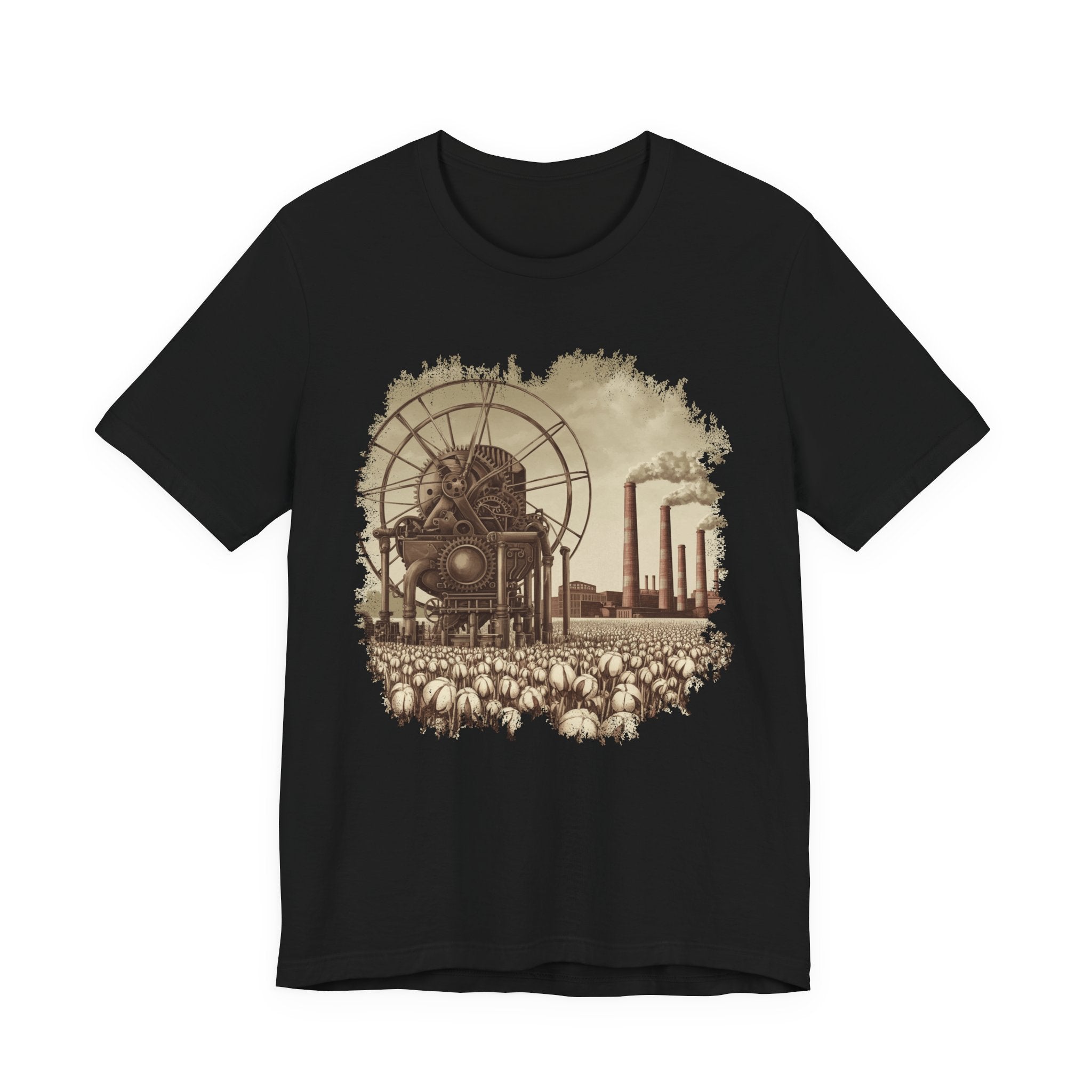 Cotton Gin Club Tshirt – Harvest-Ready Cotton Field with Historic Spinning Machine and Factory
