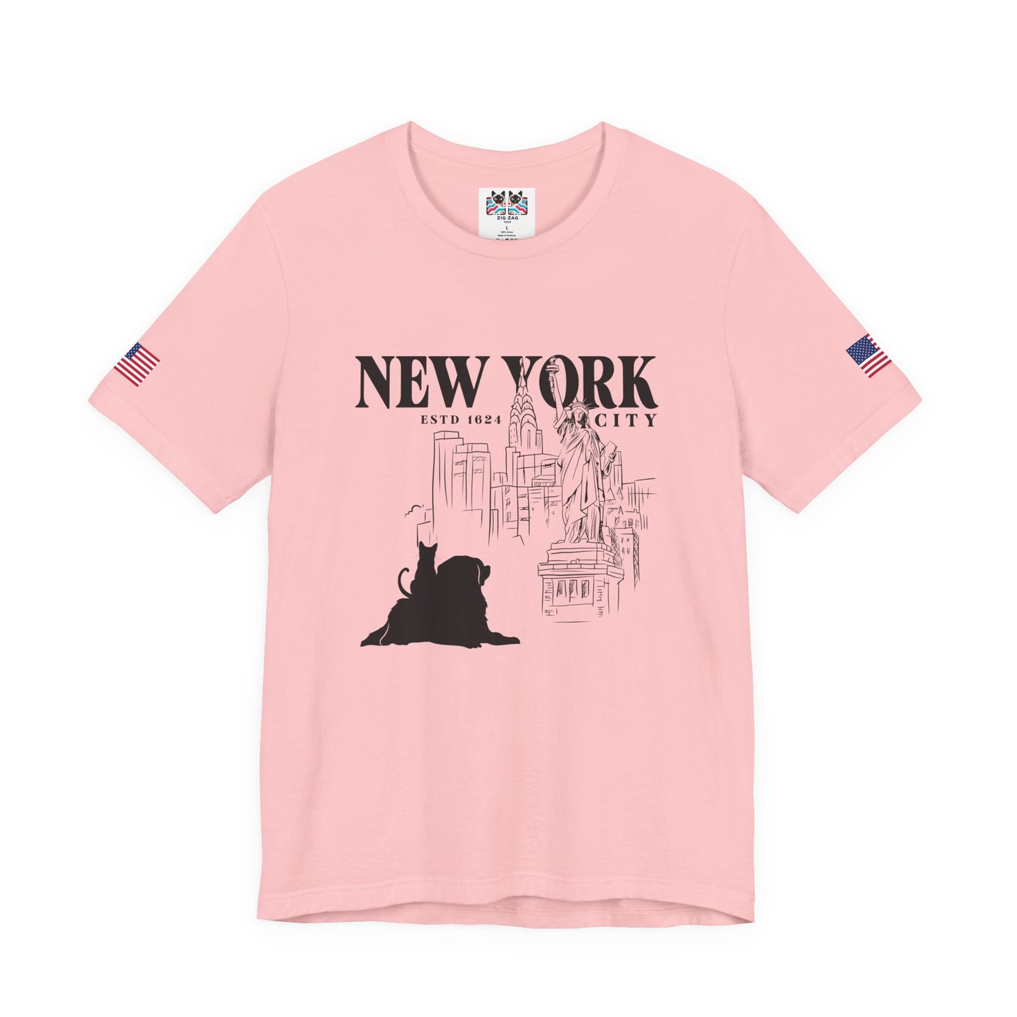 New York City Cat Dog T-Shirt - NYC Est. 1624 Sketch Art with Brooklyn Bridge & Liberty