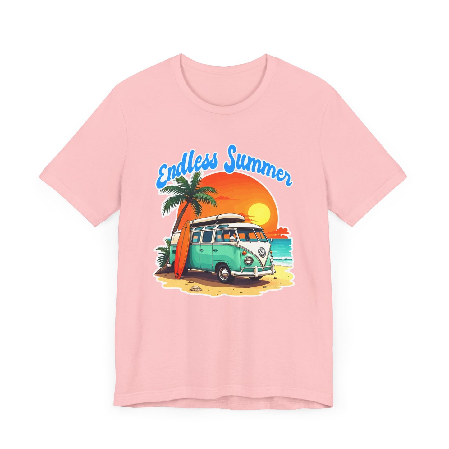 Endless Summer Beach Van with Surfboard and Palm Tree Sunset Graphic T-Shirt